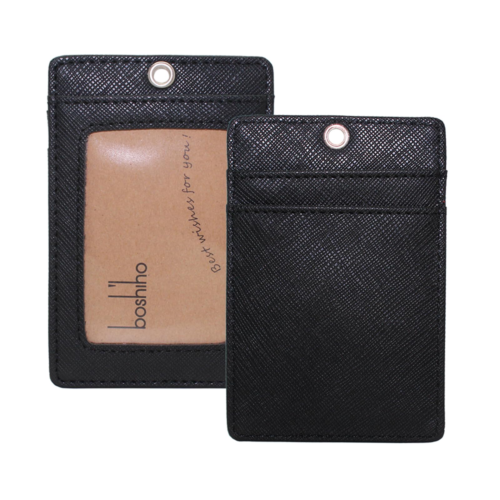 Boshiho Vertical Leather ID Card Badge Holder with Detachable Keychain Lanyard - Black | Professional Security Badge Holder for Work, Office, Events & Conventions