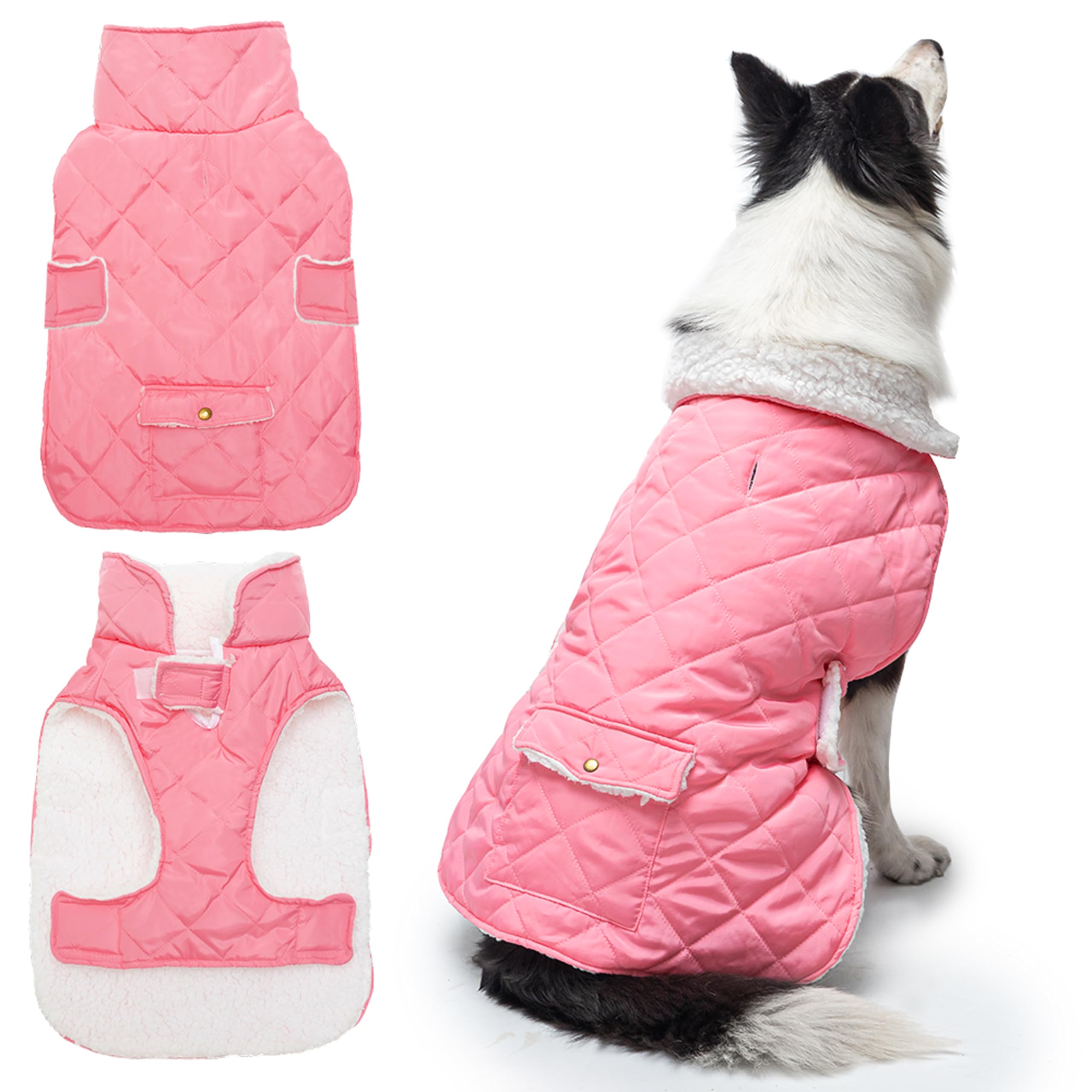 Windproof Fleece Dog Winter Coat - Warm Thick Jacket for Small Medium Large Dogs in Snow & Rain (Pink) - Indoor & Outdoor Pet Vest for Cold Weather (S-XXL) - Perfect for Winter Walks, Park Visits & Outdoor Adventures
