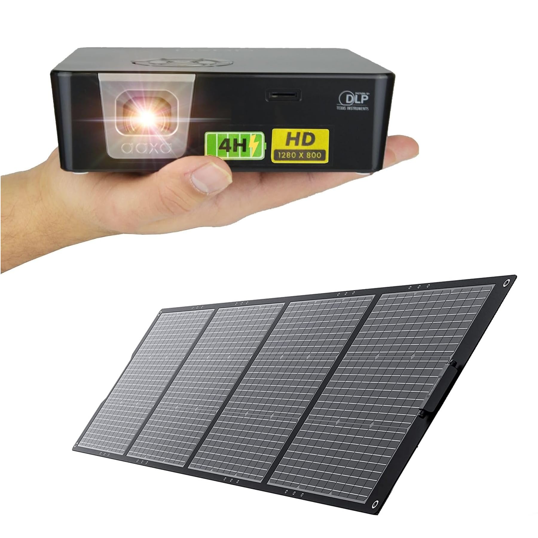 AAXA P6X 1000 Lumen Portable Mini Projector with Foldable Solar Panel Charger | DLP 1080p Support | 30,000 Hours LED Life | HDMI/USB-C/USB/microSD | 4-Hour Battery | Wireless WiFi/BT Mirroring | Perfect for Outdoor Movies, Camping & Home Theater