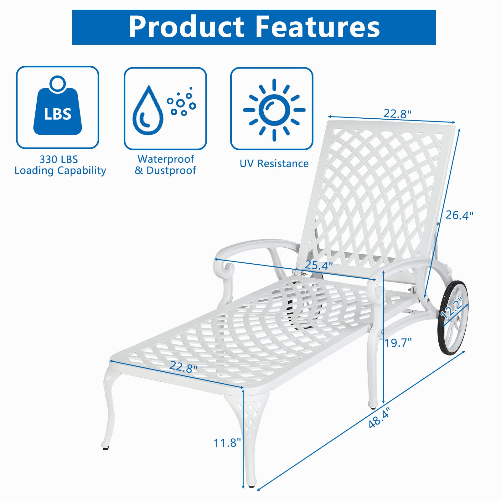 VINGLI White Cast Aluminum Outdoor Chaise Lounge Chair with Wheels - 3-Position Adjustable Backrest, Patio Tanning Chair for Poolside, Beach & Backyard Relaxation (Cushion Not Included)