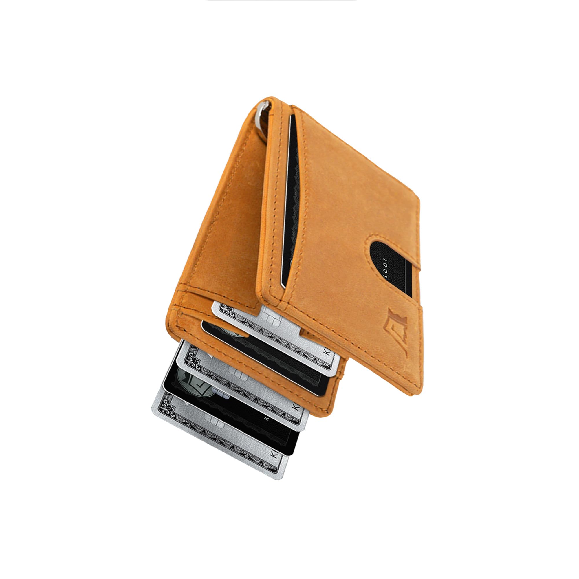 Kings Loot Men's Slim RFID Blocking Leather Money Clip Wallet - Minimalist Front Pocket Bifold Holds 12 Cards | Stylish Compact Design in Buckskin | Perfect for Travel, Business & Everyday Carry