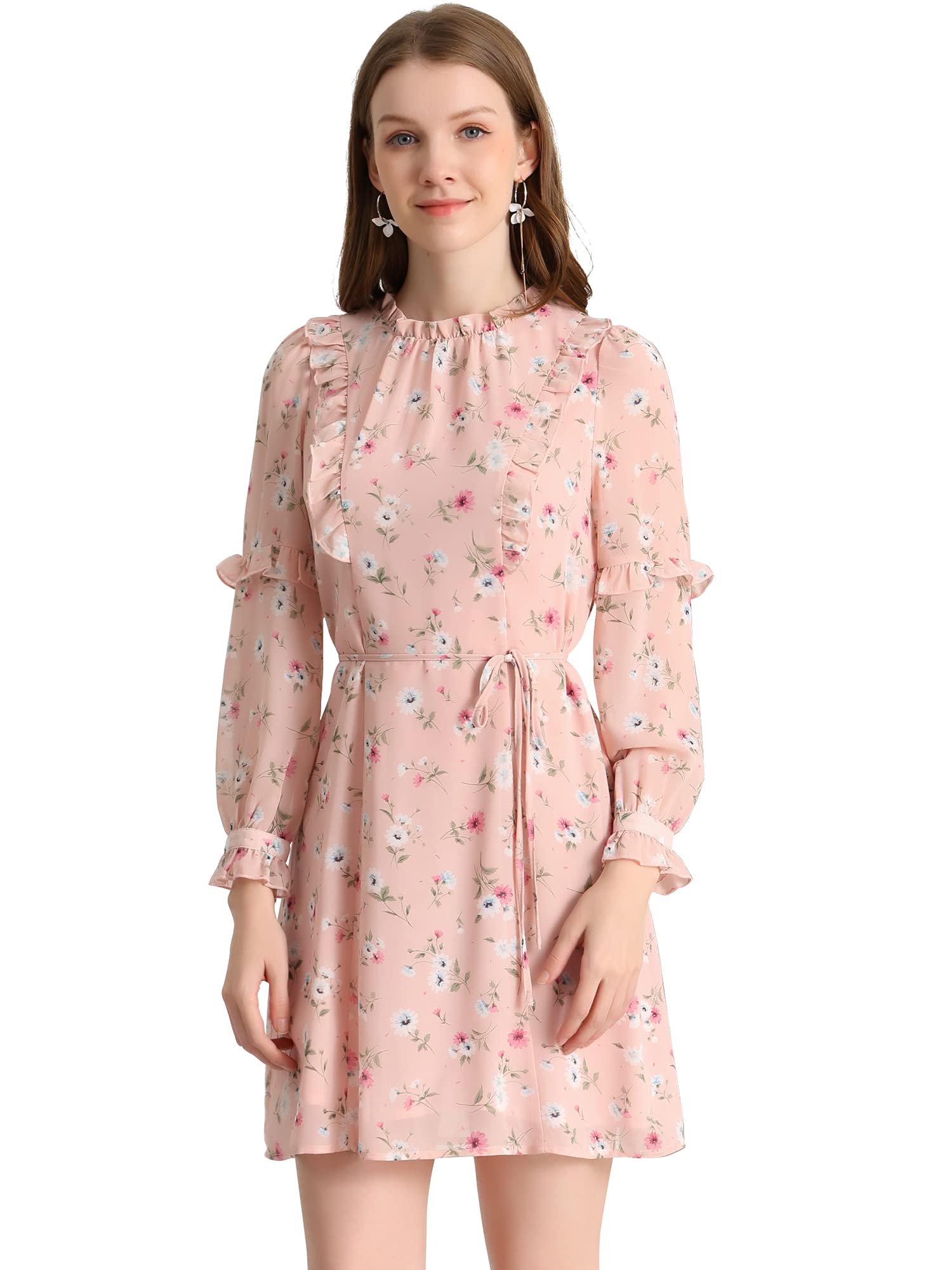 Allegra K Women's Floral Print Chiffon Dress with Mock Neck, Tie Waist & Ruffle Hem - Perfect for Summer Weddings, Garden Parties & Office Wear