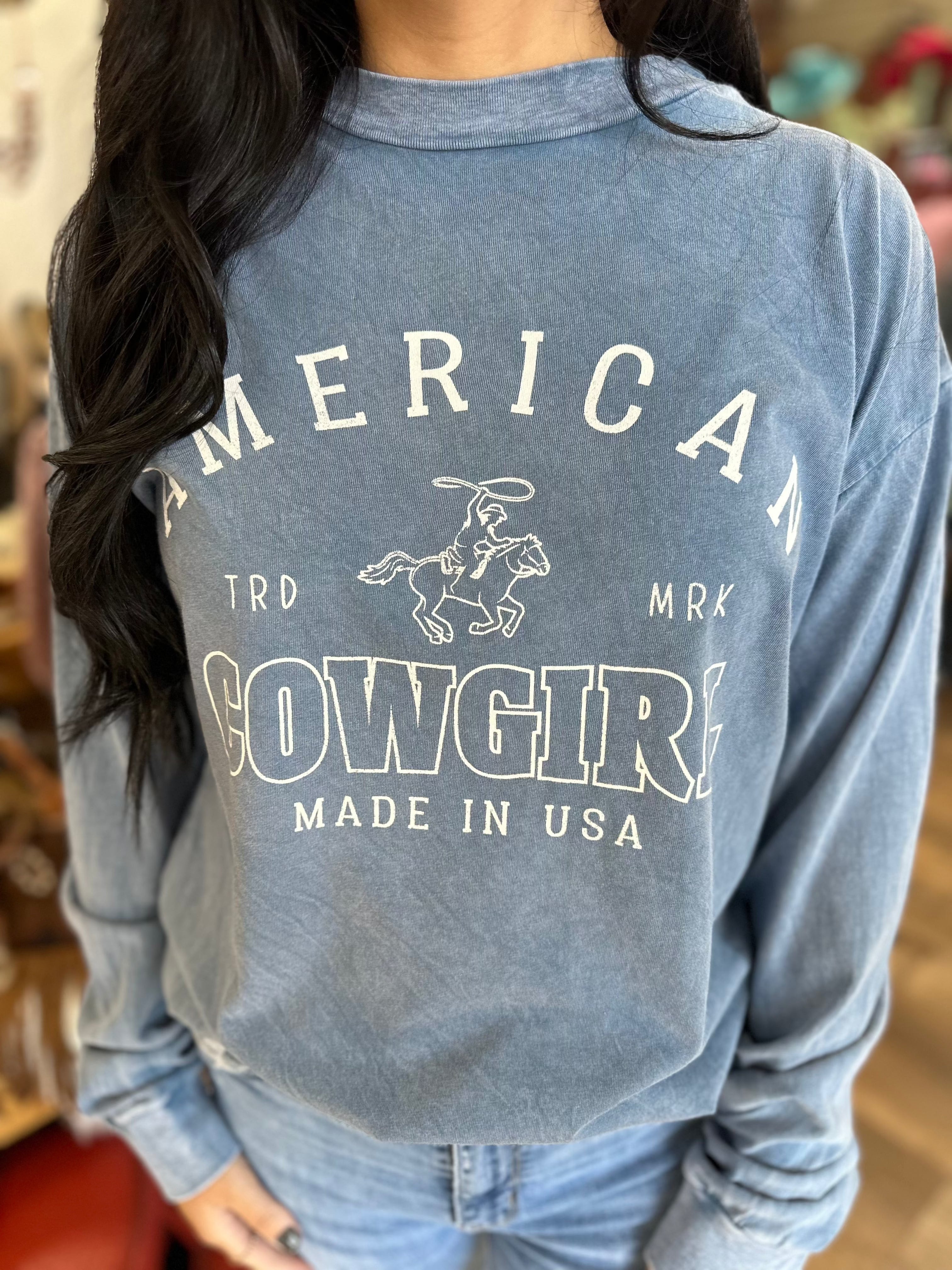 American Cowgirl Graphic Long Sleeve Shirt - Western Style Mineral Print Top for Women | Perfect for Rodeo, Country Music Festivals & Casual Wear
