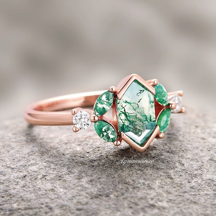 Hexagon Moss Agate Leaf Ring - 14K Solid Rose Gold Dainty Nature-Inspired Jewelry for Women, Perfect for Everyday Wear, Boho Style & Gift Giving