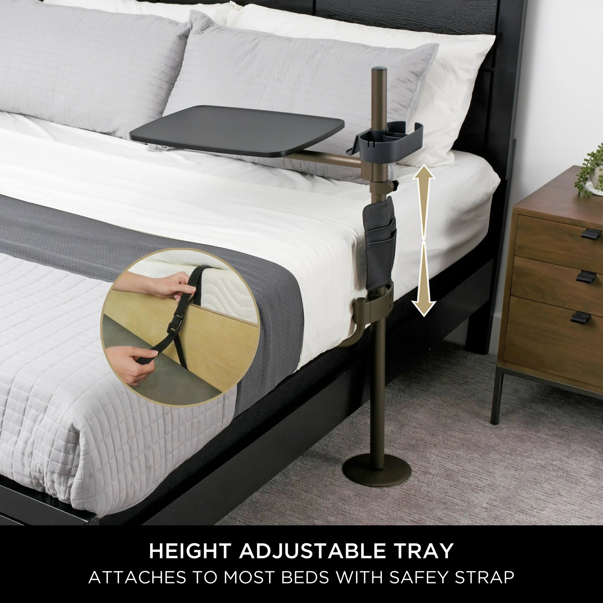Signature Life Overbed Table with Swivel Tray - Adjustable Height Large Bedside Table with Cup Holder & Laptop Stand - Perfect for Eating, Working, or Reading in Bed - Hospital & Home Use