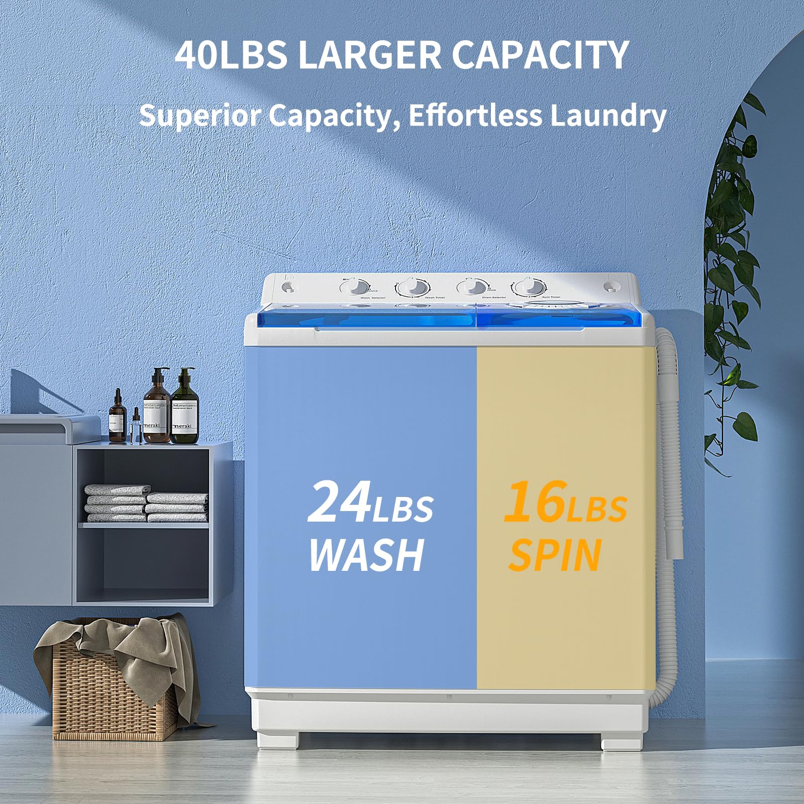 Zynkez 40Lbs Portable Twin Tub Washing Machine with Built-in Drain Pump - Semi-Automatic 24Lbs Washer & 16Lbs Spinner Combo for Small Spaces, Apartments, Dorms, RVs - Perfect for Travel, Camping & Off-Grid Living
