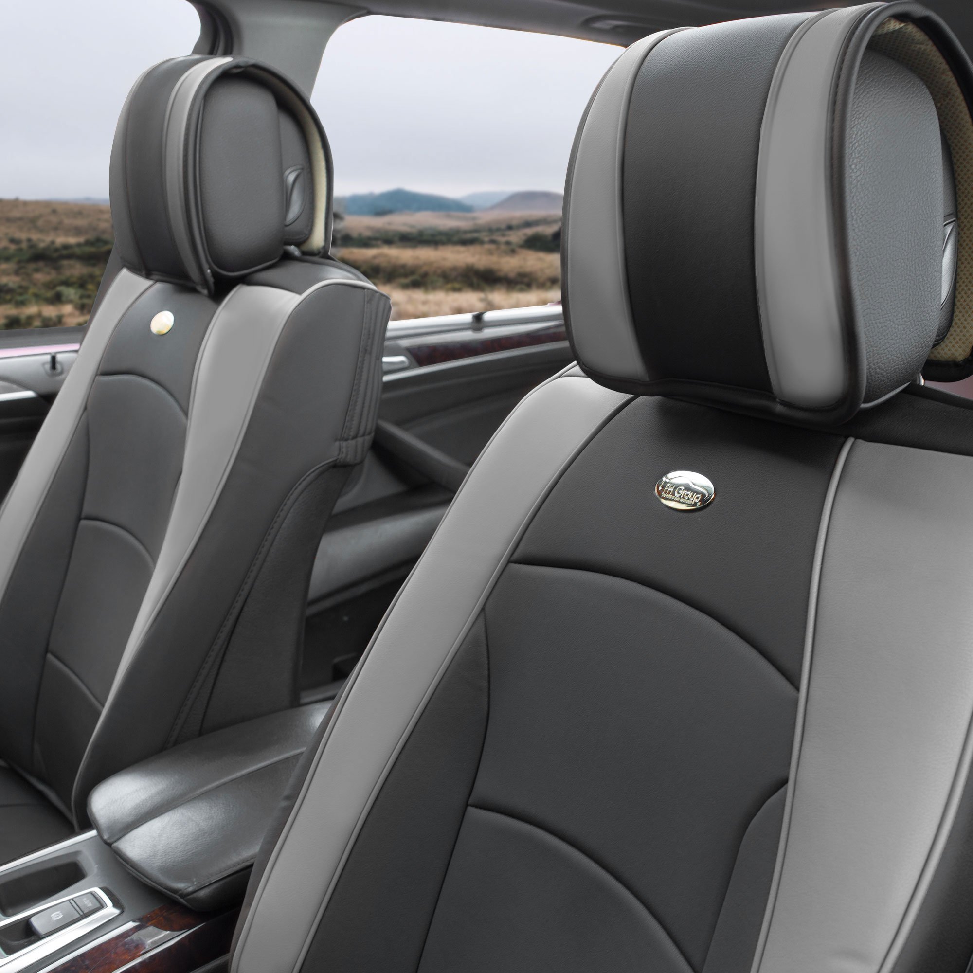 TLH Ultra Comfort Leatherette Seat Cushions - Front Only (Gray Black) with Air Freshener | Premium Automotive Seat Covers for Cars, SUVs & Trucks | Car Interior Accessories & Seat Protectors | Perfect for Long Drives, Commuting & Road Trips