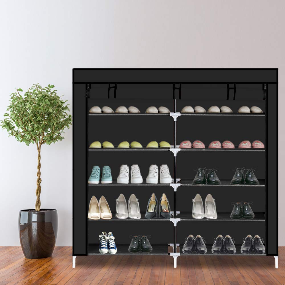 6 Tier Shoe Rack Organizer - Space Saving Storage for 30 Pairs of Shoes, Portable Double Row Shoe Shelf Cabinet with Dustproof Non-Woven Cover (Black) | Perfect for Closet, Bedroom, Entryway & Small Space Organization