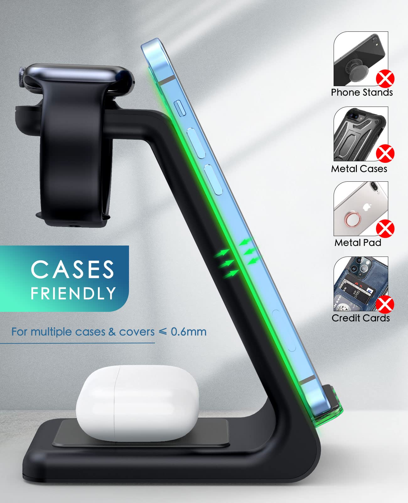 3-in-1 Fast Wireless Charging Station for iPhone 15/14/13/12/11 Pro Max/X/Xs/8/8 Plus, AirPods Pro/3/2 & Apple Watch Series 9/8/7/6/5/SE/4/3/2 - Sleek Black Charging Stand for Bedside, Office & Travel Use