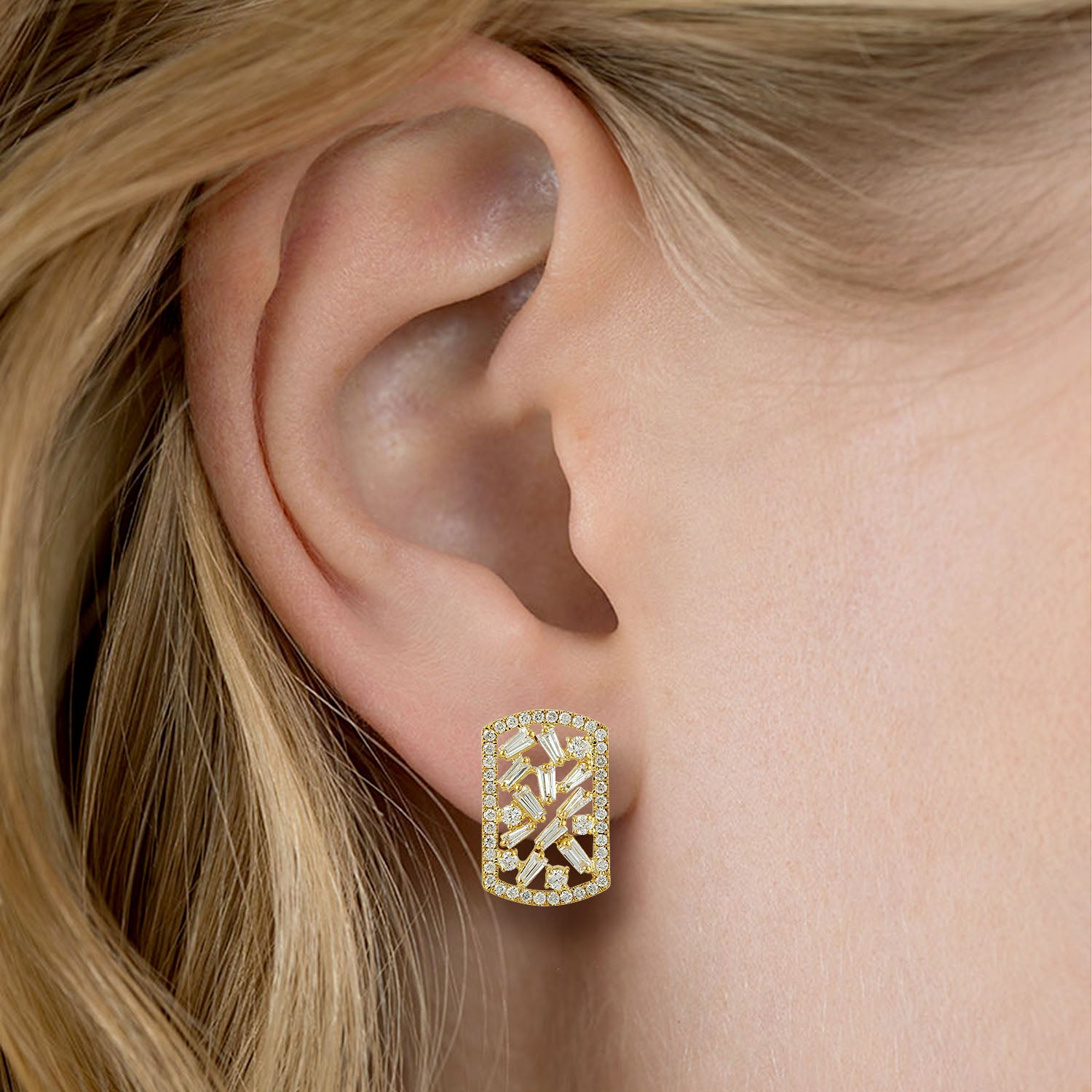 18K Yellow Gold Baguette Cut Diamond Stud Earrings - Handmade Luxury Jewelry for Women - Perfect for Weddings, Anniversaries & Special Occasions