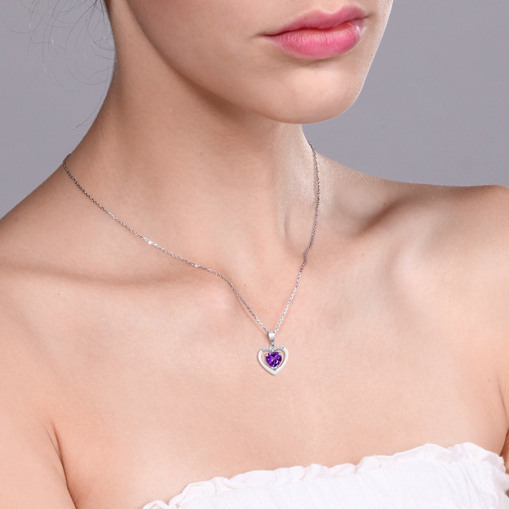 10K White Gold Heart Birthstone Pendant Necklace with 6MM Gemstone & White Diamonds | 18 Inch Chain | Elegant Jewelry Gift for Women | Perfect for Anniversaries, Birthdays & Special Occasions