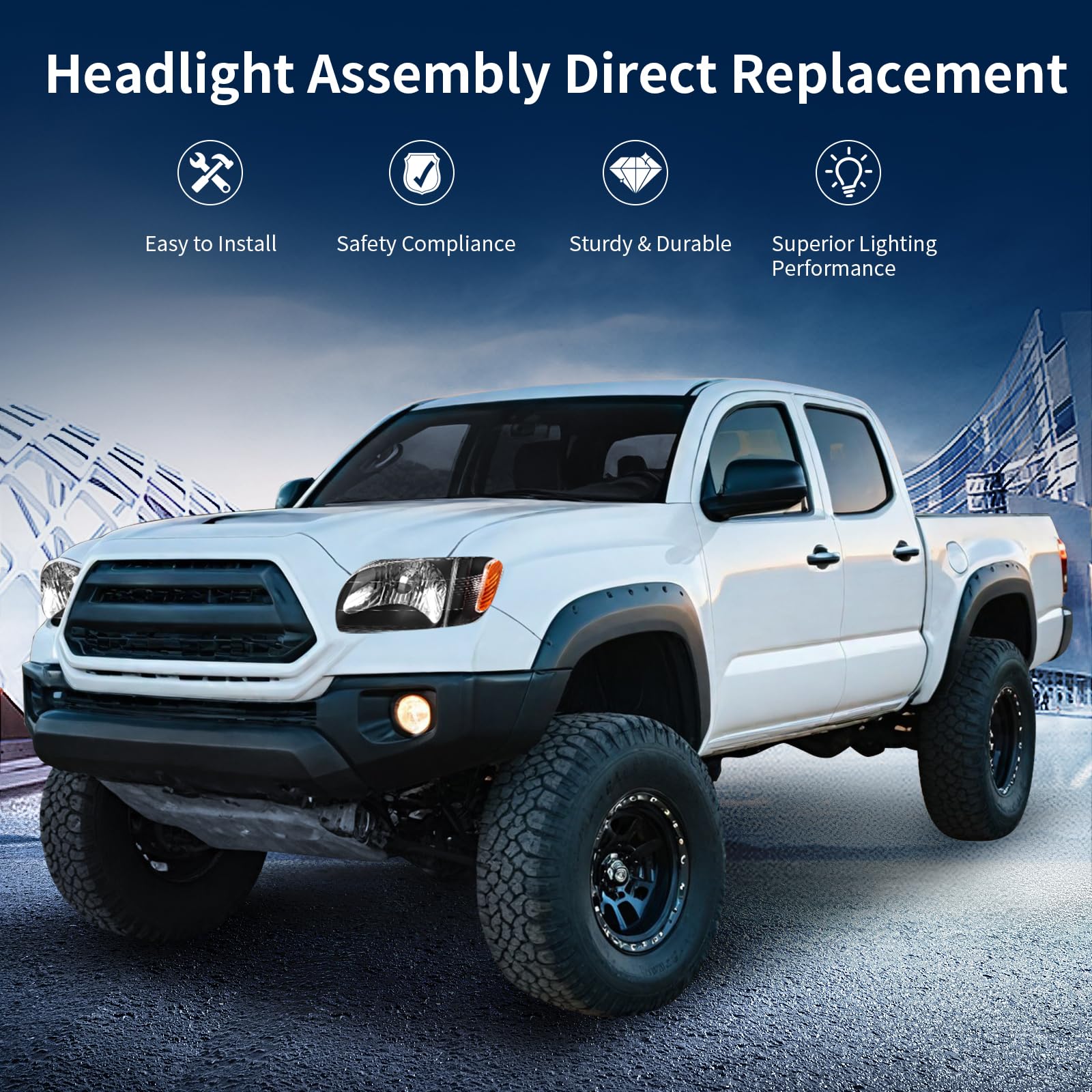 **AUTOSAVER88 Headlight Assembly Compatible with Toyota Tacoma 2001-2004 Pickup Truck - Black Housing, Amber Reflector, Clear Lens + Bumper Lights - Perfect for Night Driving & Off-Road Adventures**