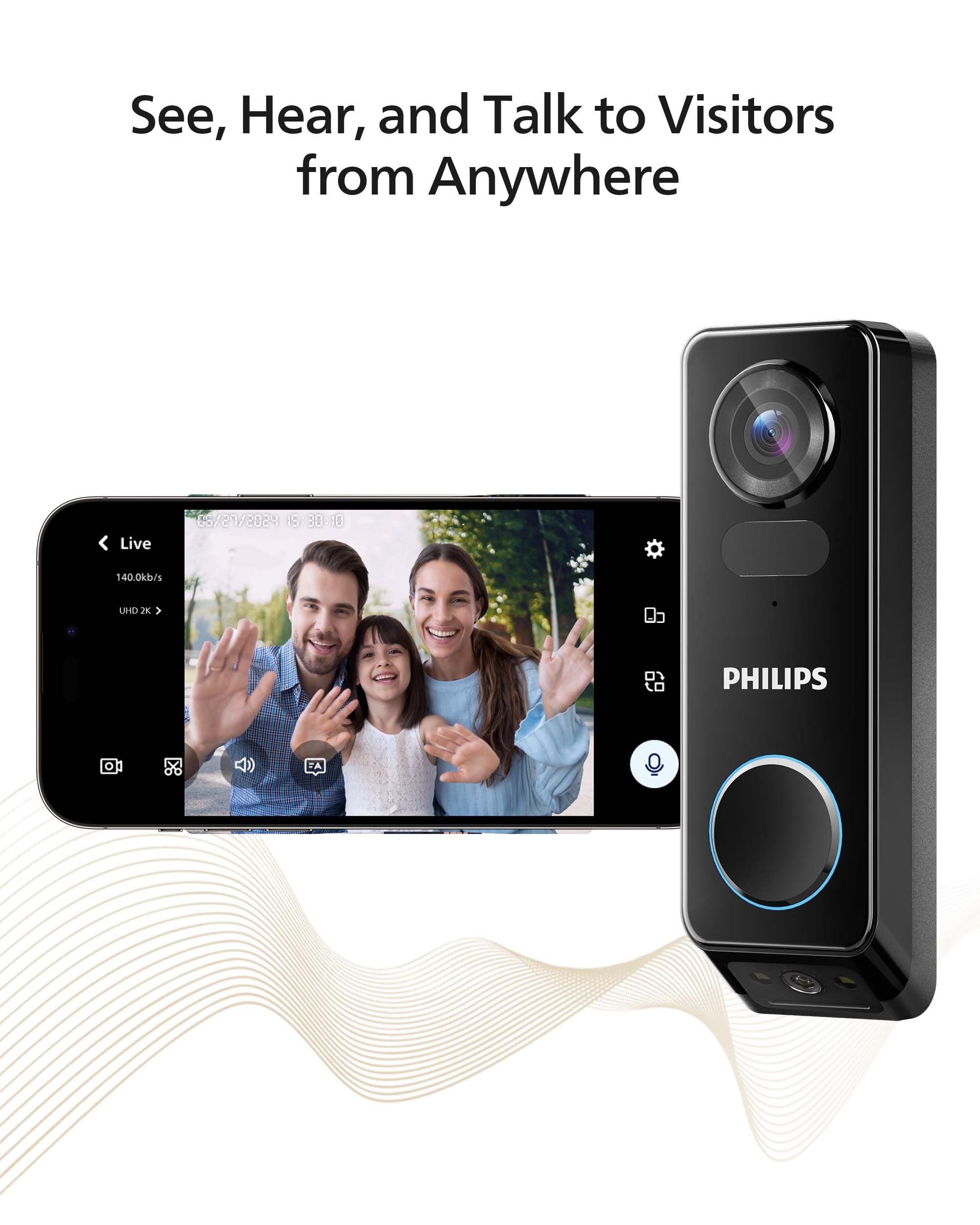 PHILIPS Wireless Video Doorbell Camera with Chime - No Monthly Fee, 2K FHD Dual Cameras, Motion Detection, 2-Way Audio, Alexa & Google Assistant Compatible, Battery/Wired Power - Ideal for Home Security & Smart Home Integration