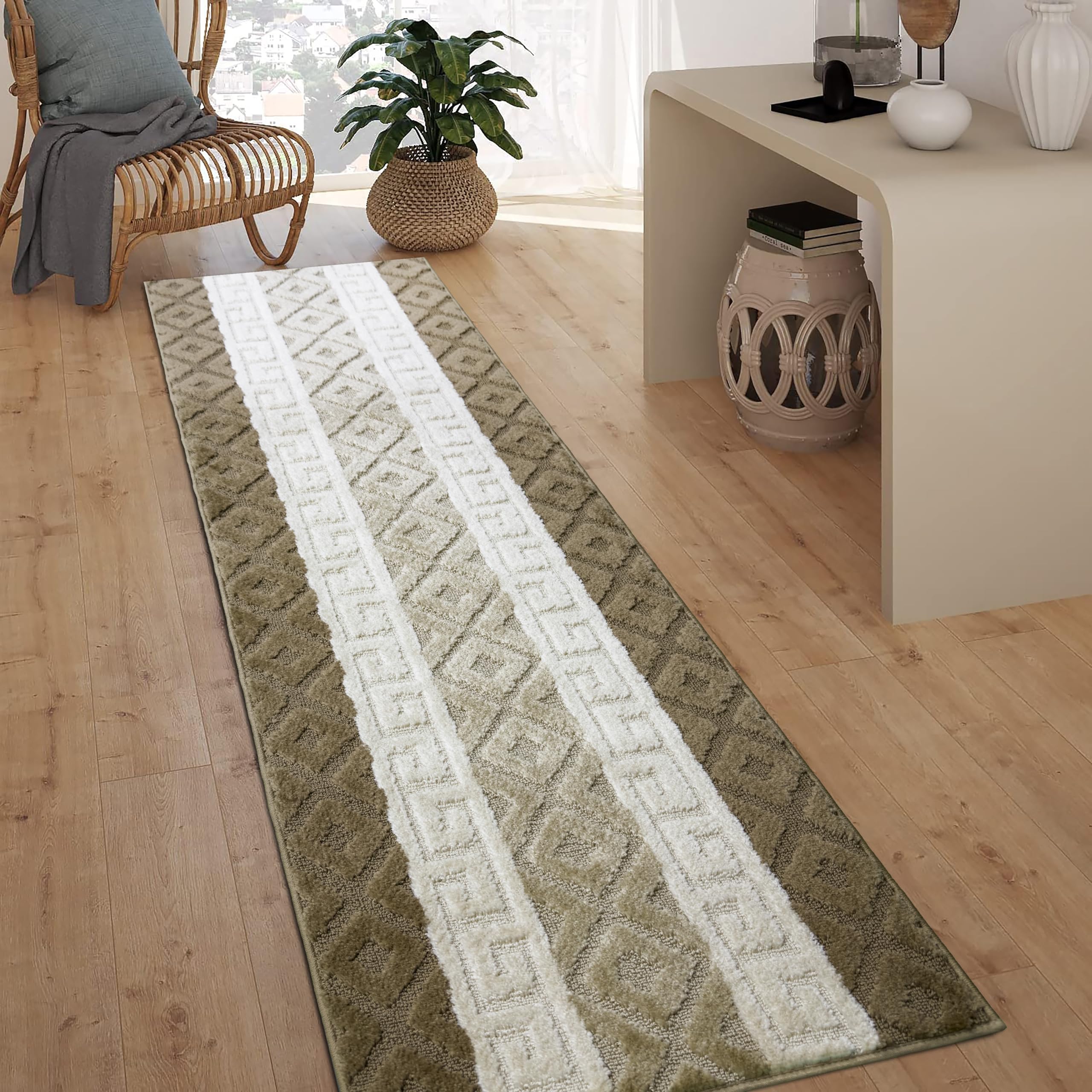 Non-Slip Greek Key Beige Hallway Runner Rug - 26