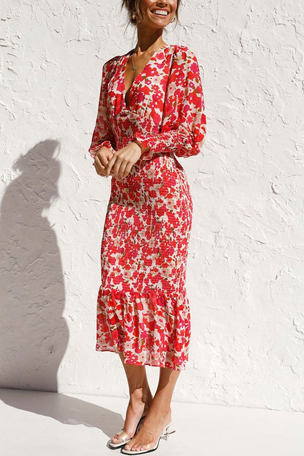 Rowena Floral Bishop Sleeve Smocked Midi Dress - Women's Summer Flowy Dress for Beach, Wedding & Special Occasions