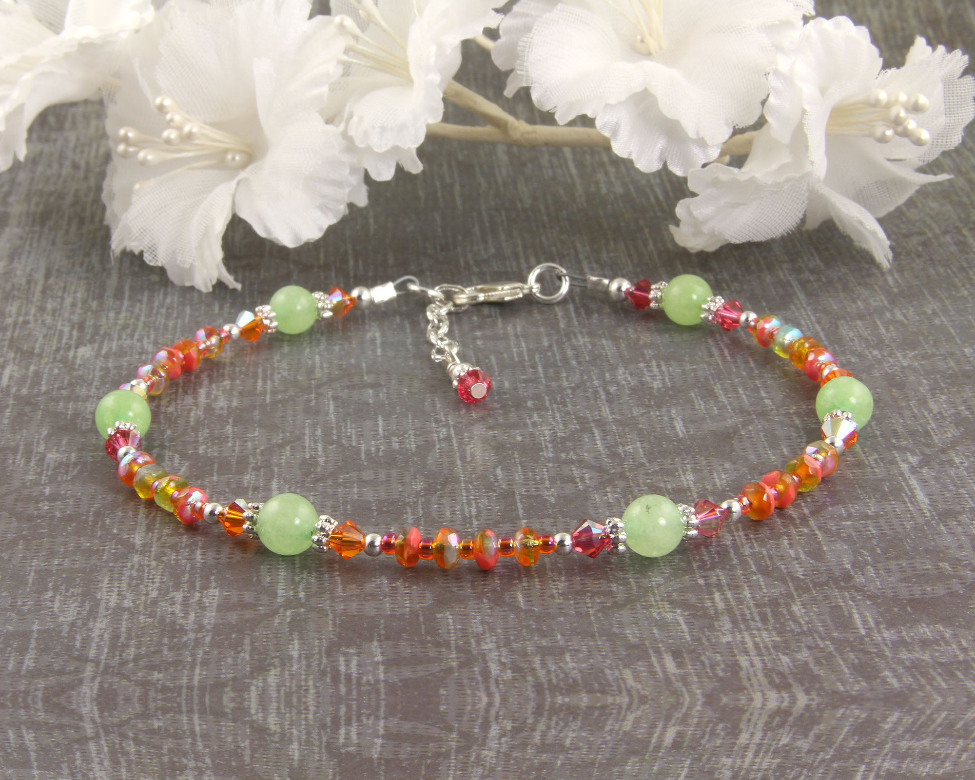Summer Orange Crystal Silver Plated Anklet for Women - Elegant Bohemian Ankle Bracelet for Beach, Vacation & Summer Outfits