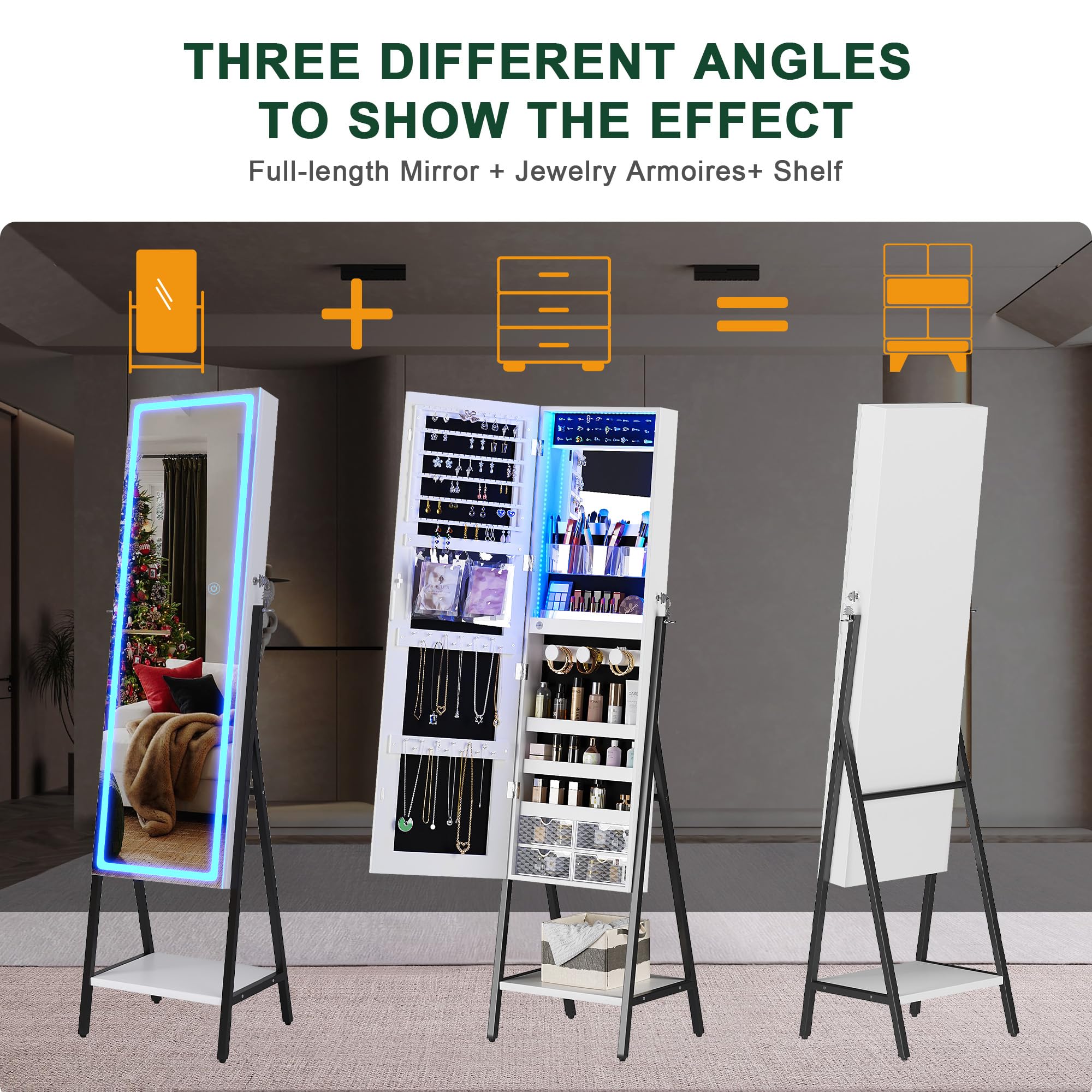 HNEBC LED Mirror Jewelry Cabinet - Lockable Standing Jewelry Armoire Organizer with Full Length Mirror & Adjustable Lighting, White (Perfect for Bedroom Vanity, Dressing Room & Christmas Gifts for Women)