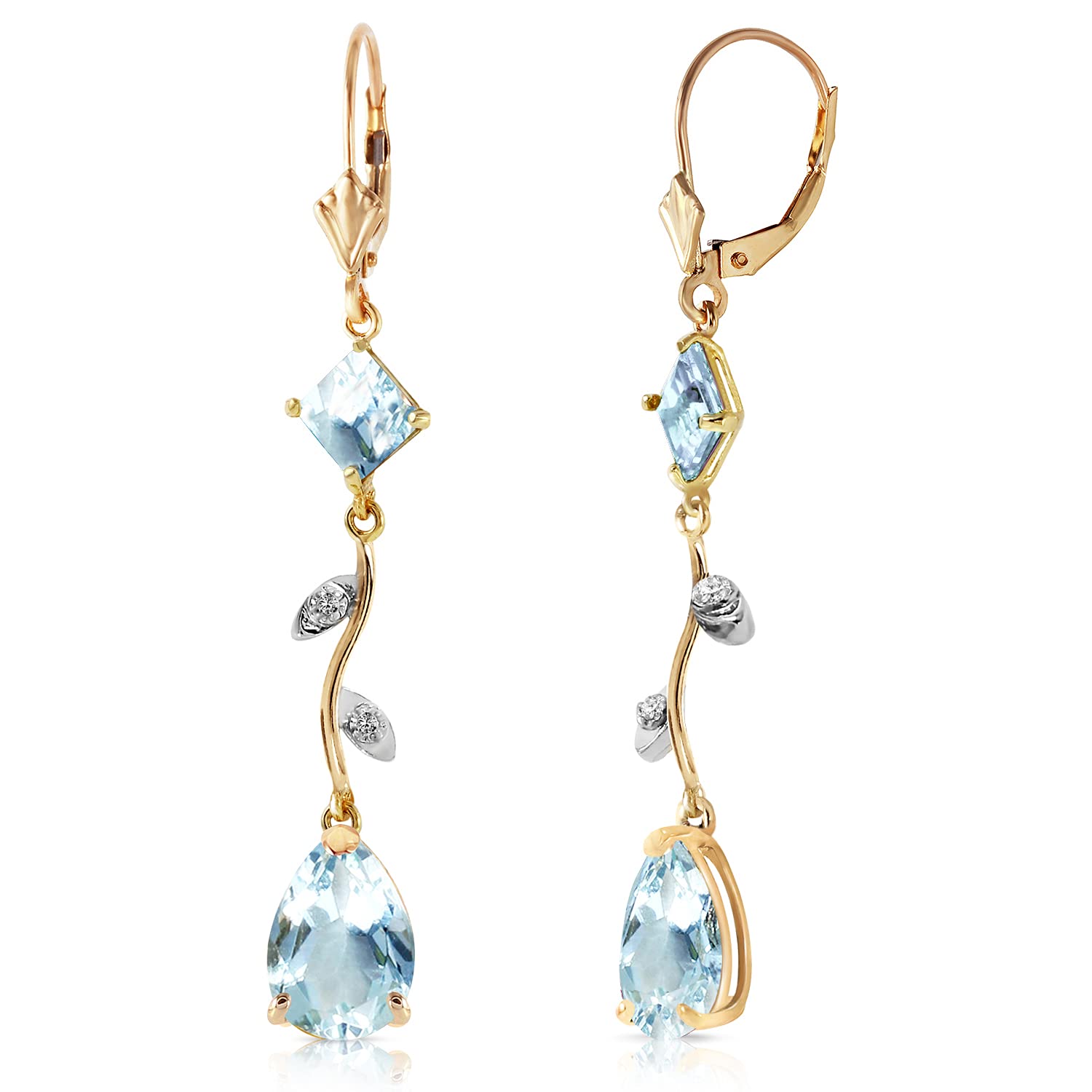 14K Yellow Gold Chandelier Earrings with Diamonds & Aquamarine Gemstones | Elegant Dangle Earrings for Women | Perfect for Weddings, Parties & Special Occasions