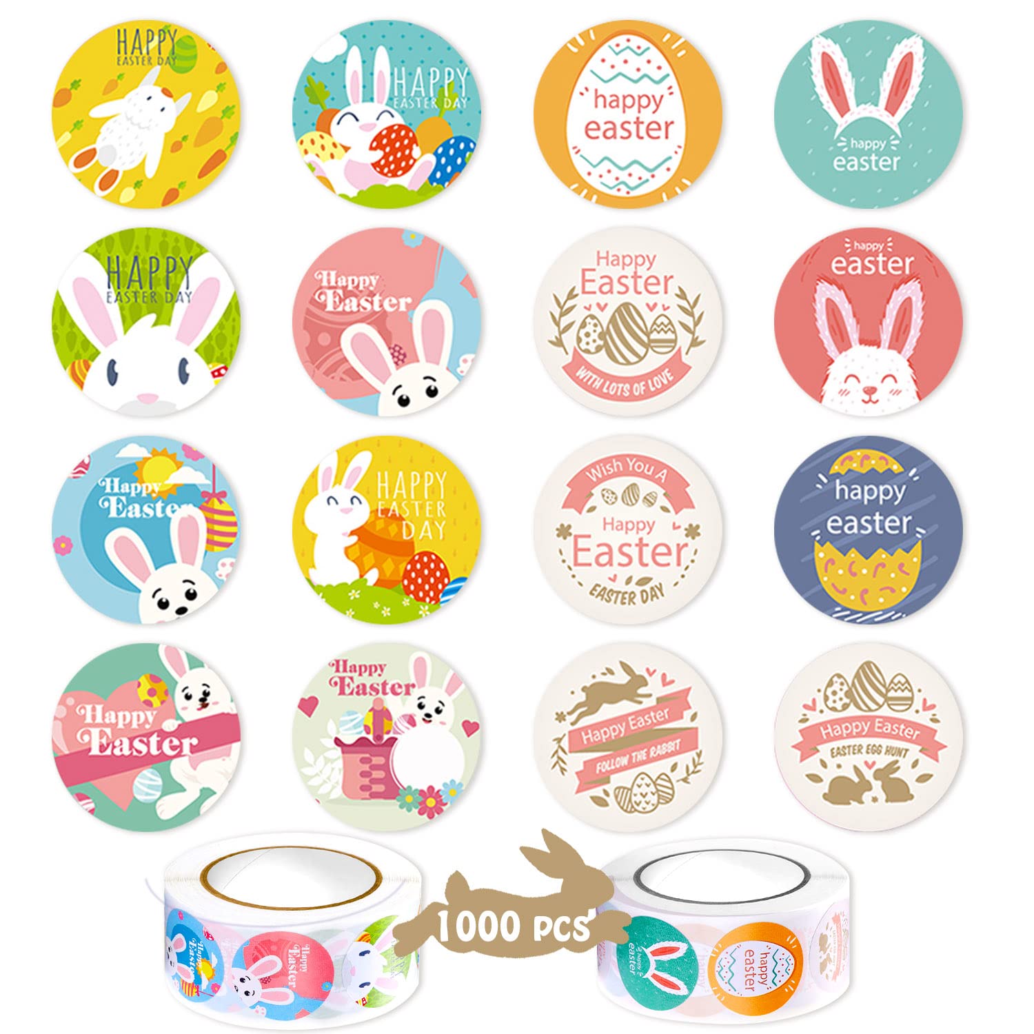 Partywind 1000 PCS Easter Stickers for Kids - Self Adhesive Sticker Roll with Easter Eggs, Bunnies & Spring Designs (16 Styles) - Perfect for Scrapbooking, Greeting Cards, DIY Crafts & Easter Party Decorations