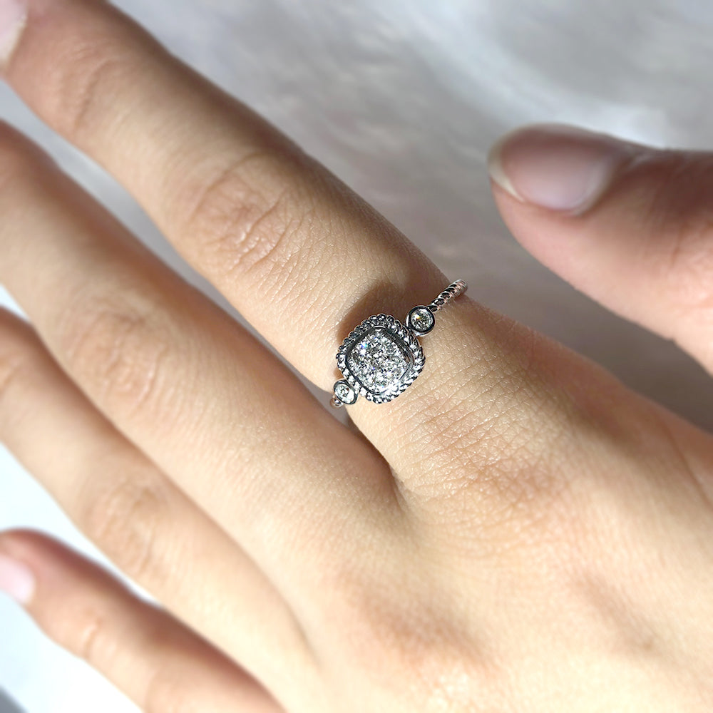 9ct White Gold Cushion Cut Diamond Ring with 9 Brilliant Diamonds - Elegant Engagement & Wedding Jewelry for Women