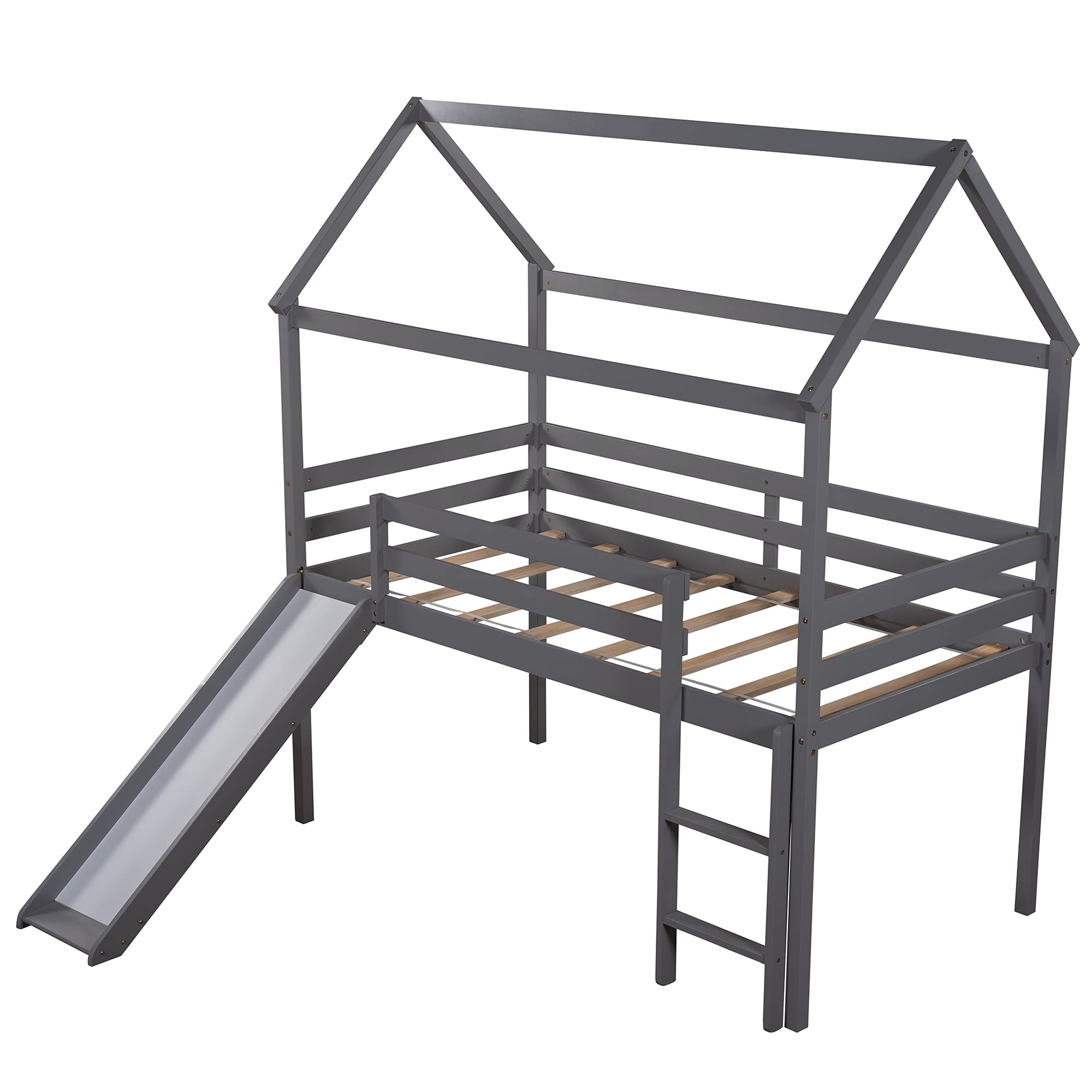 Solid Wood Kids Loft Bed with Slide - Twin Size Wooden House Bed Frame with Roof & Ladder - No Box Spring Needed - Gray - Perfect for Small Bedrooms & Playrooms