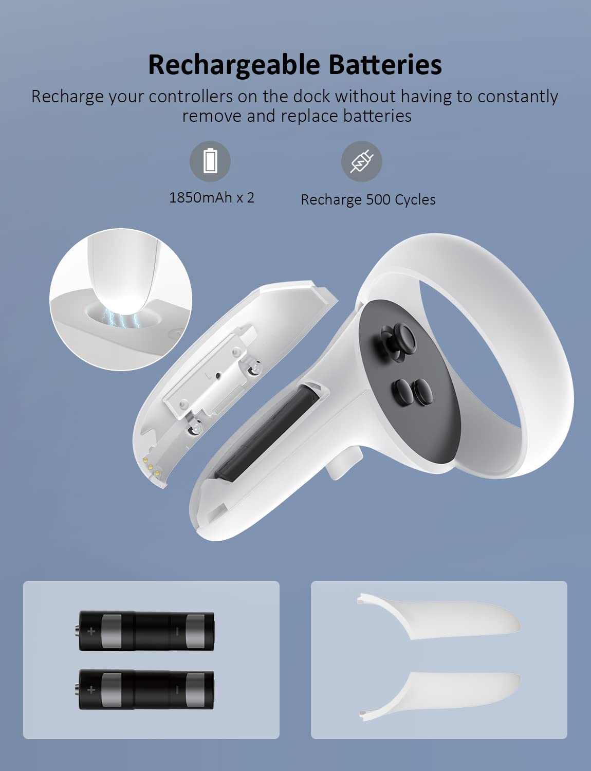 NexiGo Enhanced Charging Dock with LED Light for Oculus/Meta Quest 2 VR Headset - Compatible with Elite Strap with Battery, Includes Headset Stand, Controller Mount & 2 Rechargeable Batteries (White) - Perfect for VR Gaming Setup & Organized Storage