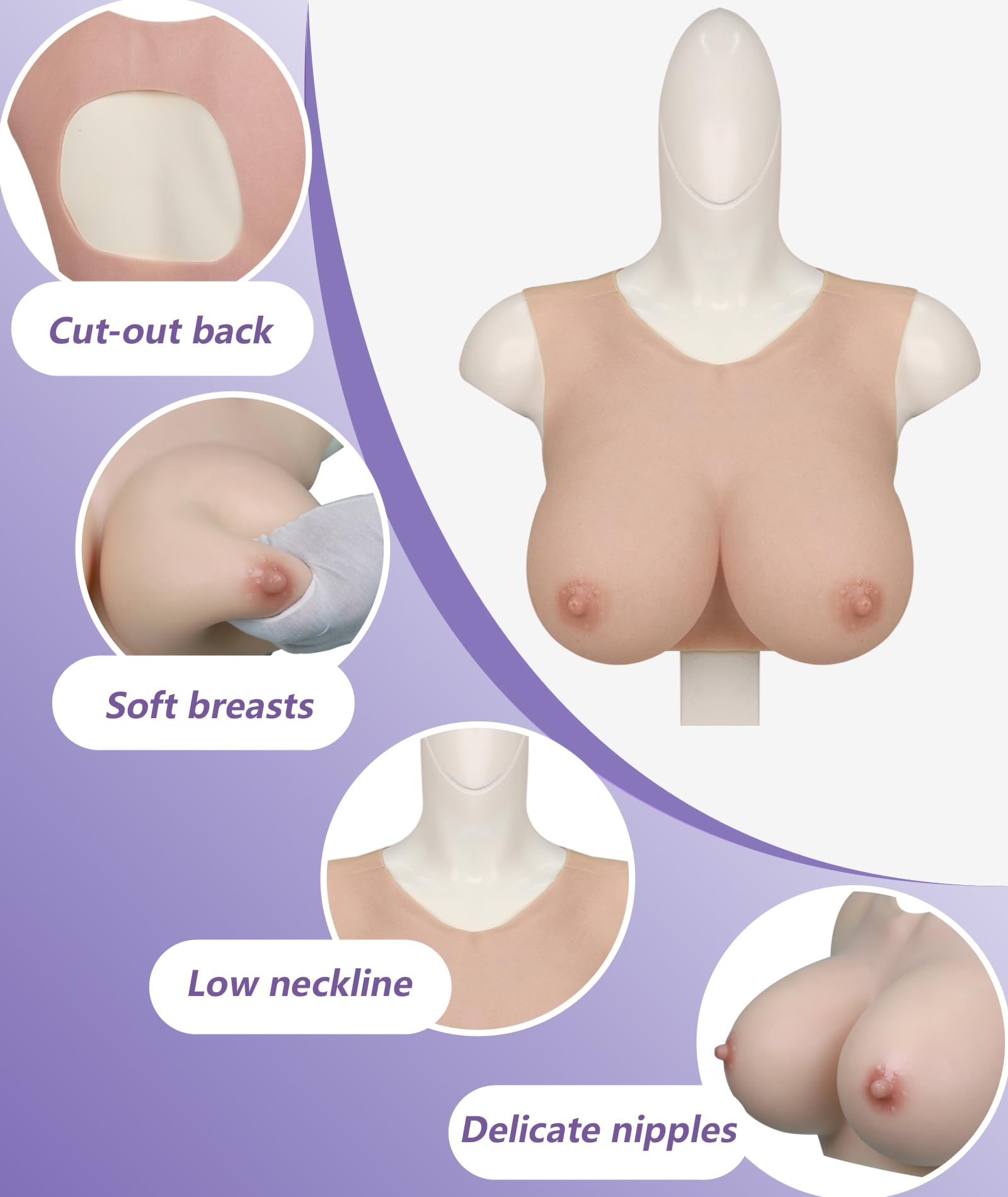 Premium Silicone Breastplate for Transgender - B to I Cup, Low Neckline & Back Cutout, Realistic Fake Boobs for Crossdressing, Cosplay, and Drag Performances