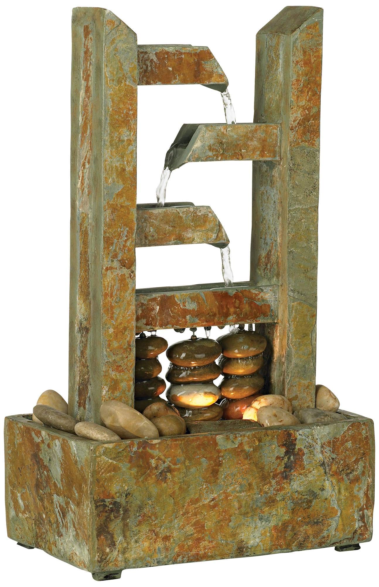 Zen Cascading Indoor Water Fountain with LED Light - Natural Slate Stone & River Rock Design - 17.25