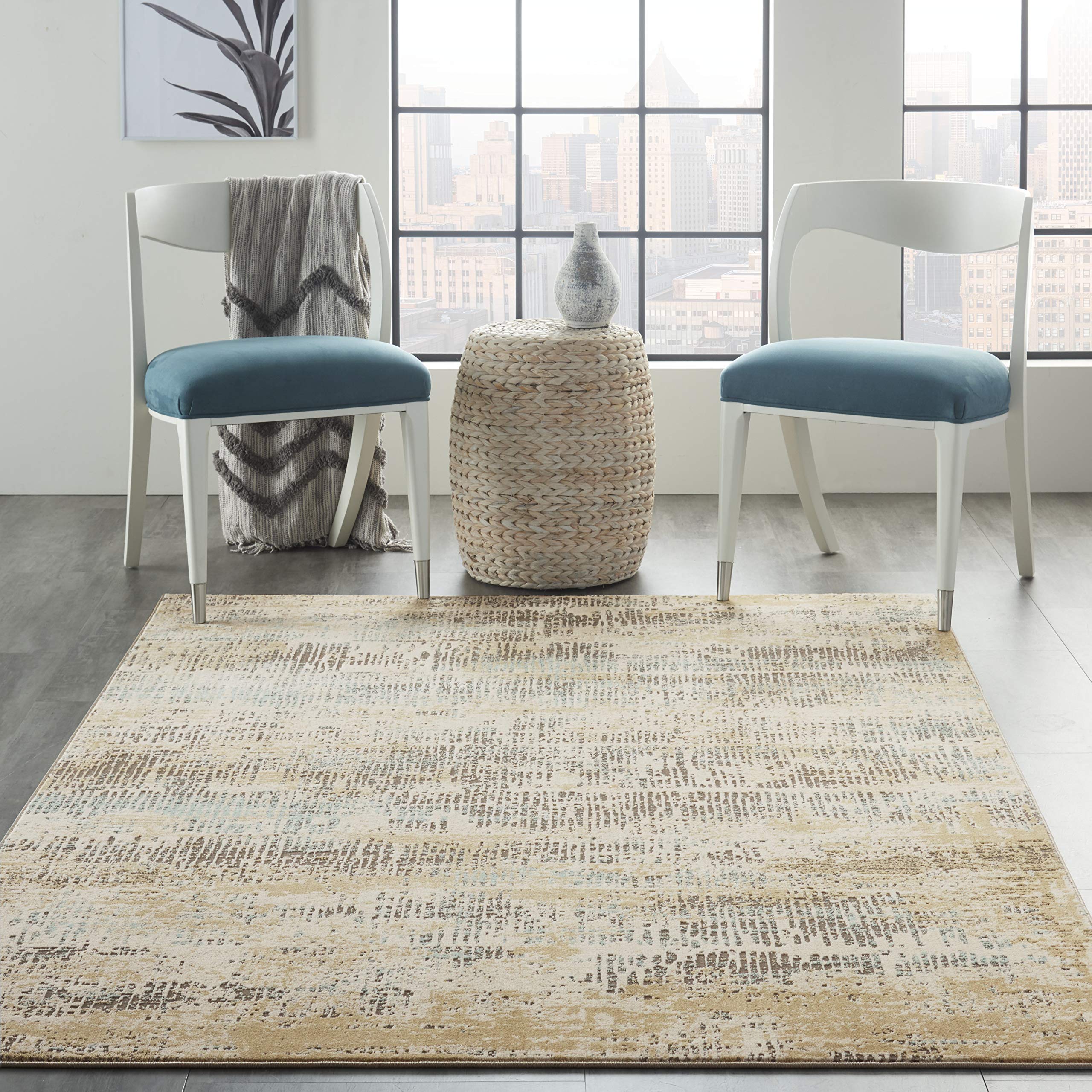 Michael Amini MA90 Uptown Abstract Beige/Aqua 4' x 6' Area Rug - Soft Modern Boho Rug for Living Room, Bedroom & Office Decor
