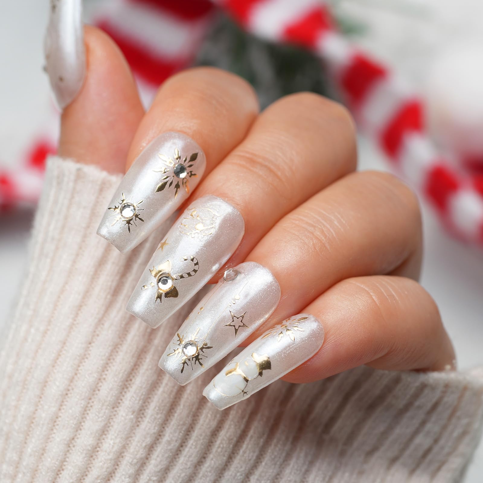 PrettyDiva 3D Christmas Nail Art Stickers - Self-Adhesive Holiday Nail Decals with Gold Charms for DIY Winter Nail Decoration | Perfect for Christmas Parties, Gift Giving & Festive Nail Art Designs