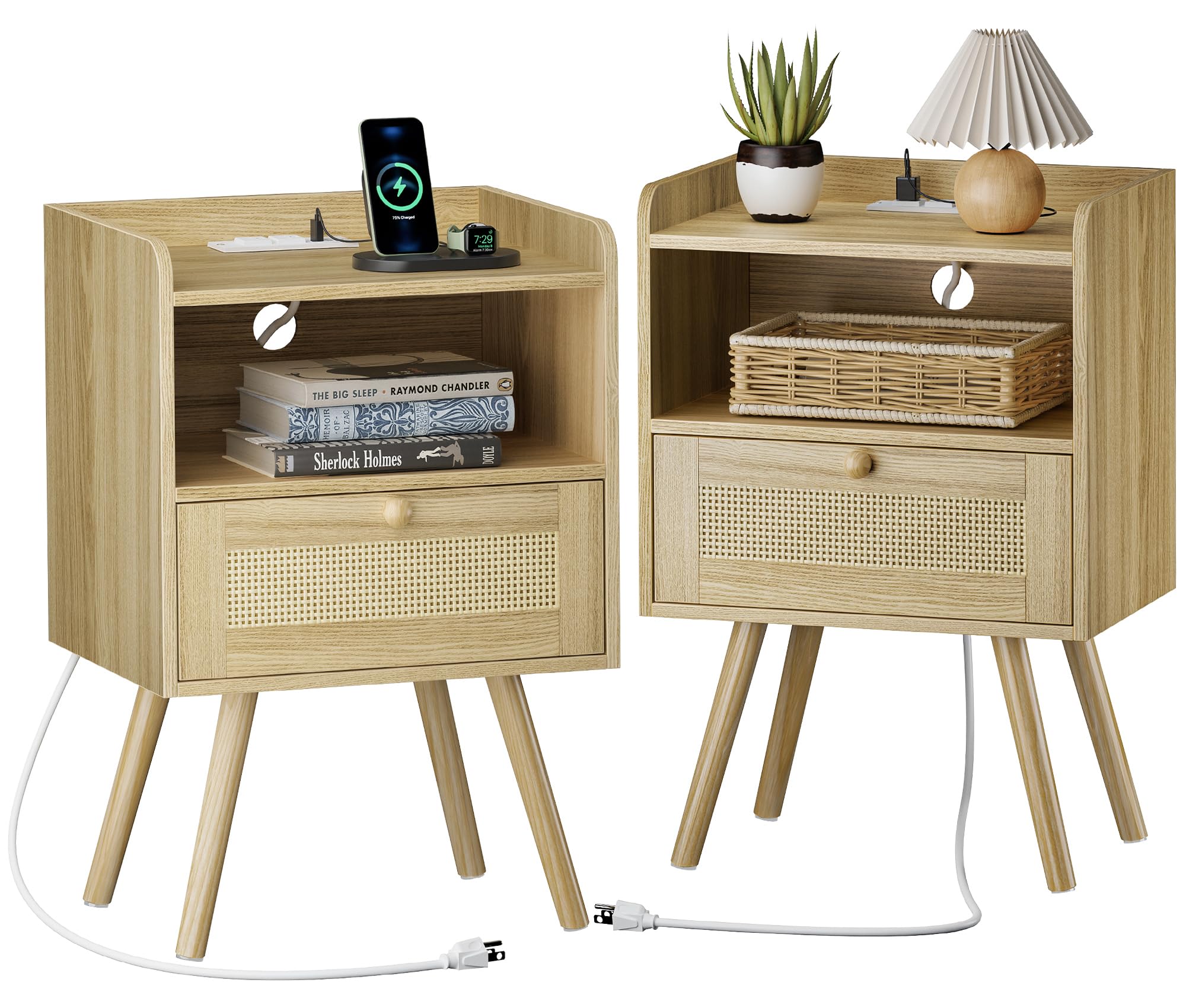 Premium Nightstands Set of 2 with USB Charging Station & Rattan Drawers - Solid Wood Bedside Tables with PE Woven Decor for Bedroom, Living Room, Office - Natural Finish - Perfect for Small Spaces & Modern Home Decor