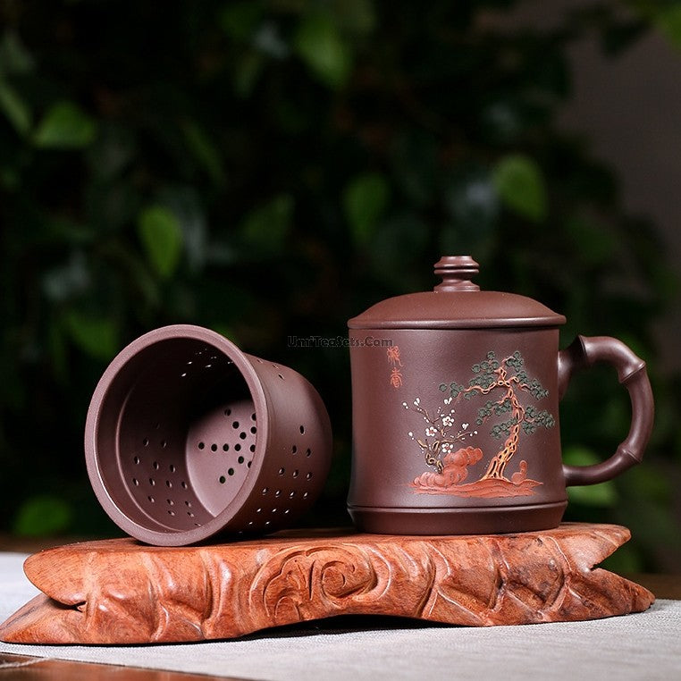 Premium Yixing Clay Tea Cup with Stainless Steel Infuser & Bamboo Stand - Perfect for Loose Leaf Tea, Chinese Tea Ceremony & Home Brewing
