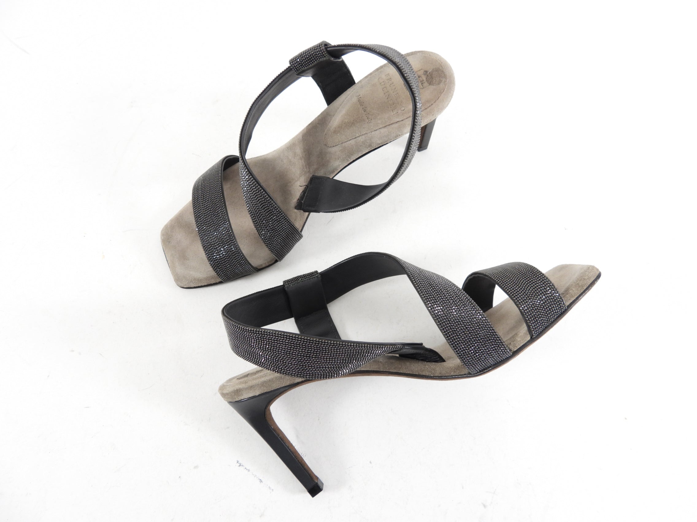 Brunello Cucinelli Grey Monili Bead Heel Sandals for Women - Elegant Beaded Summer Dress Sandals for Weddings & Evening Events
