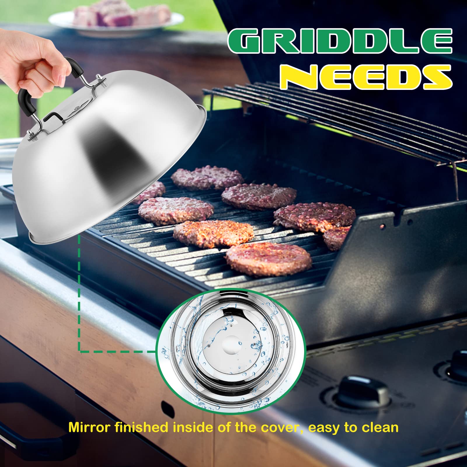 12-Inch Stainless Steel Cheese Melting Dome with Adjustable Vent - Heavy Duty Basting Cover for Flat Top Griddle, Teppanyaki, Indoor & Outdoor Cooking - Dishwasher Safe - Perfect for Melting Cheese, Steaming Vegetables & Keeping Food Warm