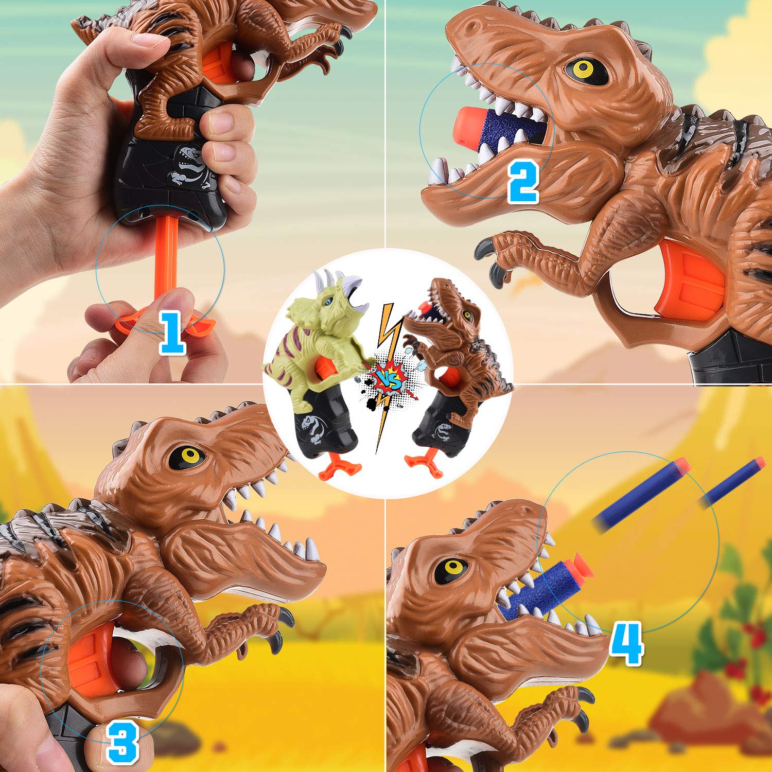 4 Pack Dinosaur Blaster Toy Guns for Kids Ages 3-7 - Soft Foam Dart Shooters for Boys & Girls - Perfect Birthday Gifts, Christmas Stocking Stuffers & Outdoor Play Toys - Great for Backyard Battles, Birthday Parties & Pretend Play Adventures