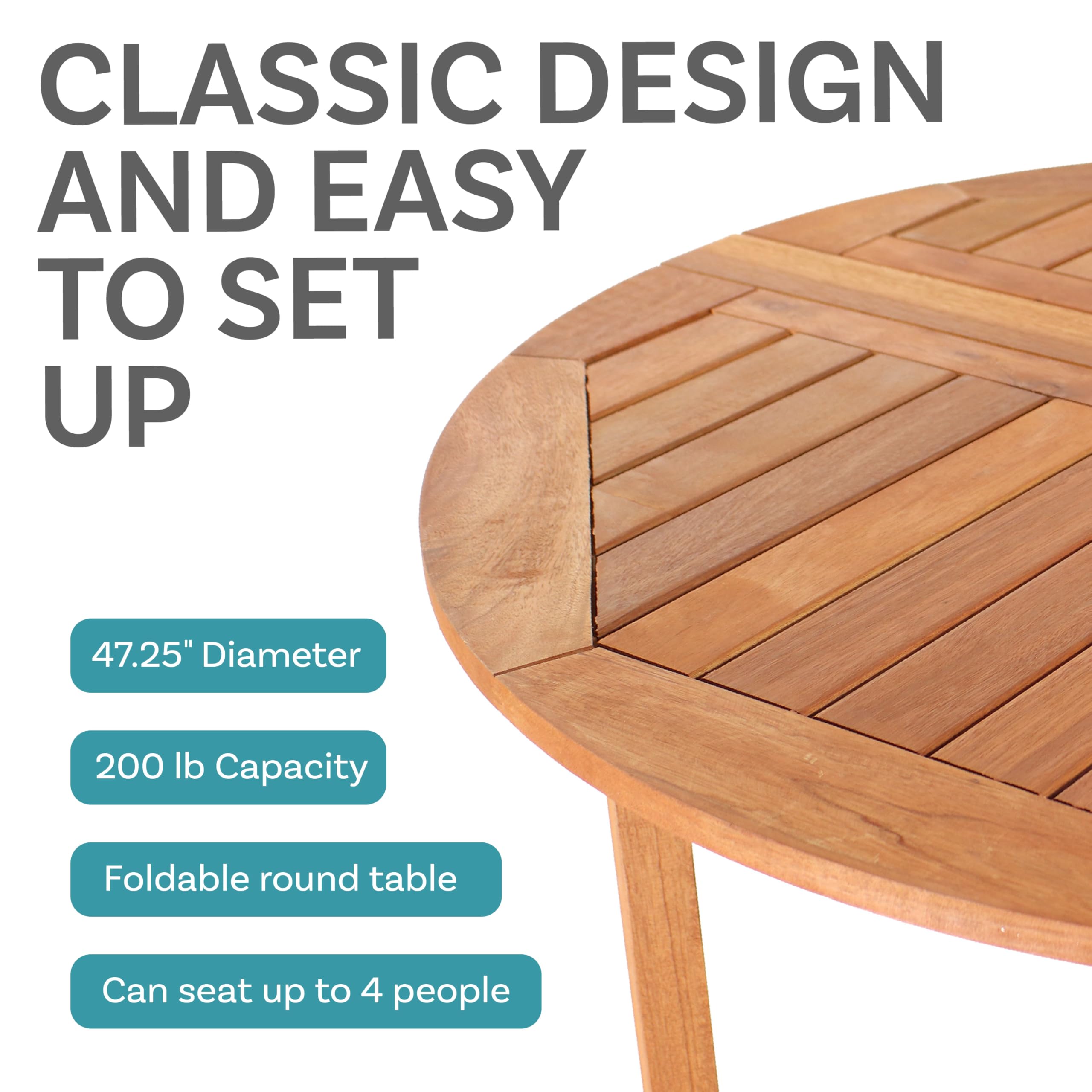 Sunnydaze Malaysian Hardwood Folding Gateleg Patio Dining Table with Teak Oil Finish - 4-Person Round Outdoor Table - Space-Saving Design (47.25” Diameter x 29