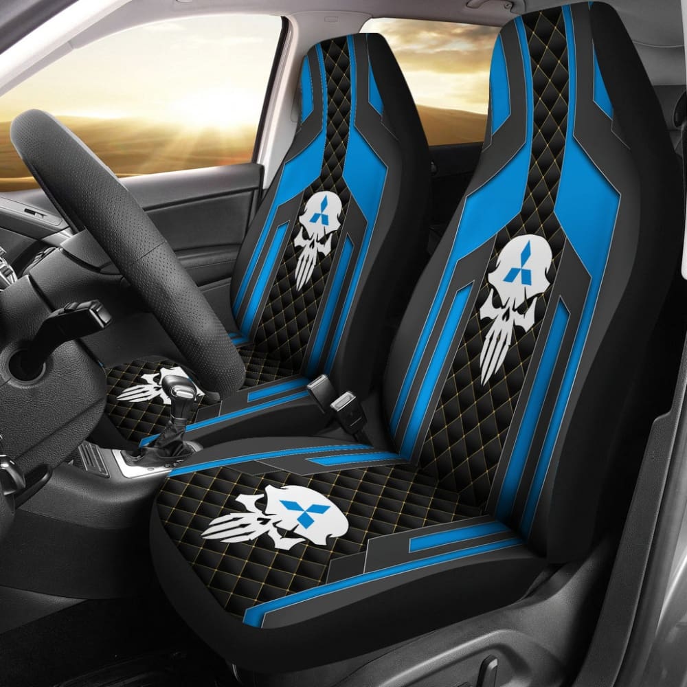 Black & Blue Punisher Skull Mitsubishi Car Seat Covers - Universal Fit for Most Models - Durable & Stylish Car Interior Accessories for Mitsubishi Lancer, Outlander, Eclipse | Perfect for Car Enthusiasts & Marvel Fans
