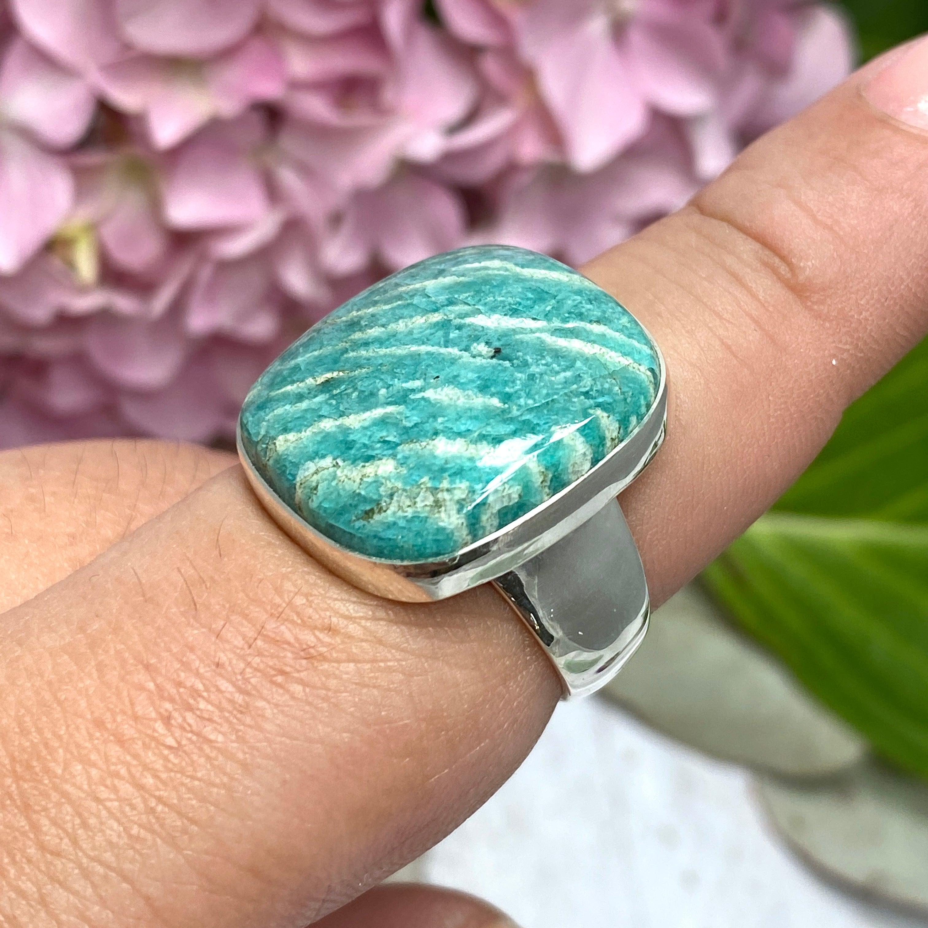 Amazonite Square Ring Size 10 - Natural Gemstone Jewelry for Women, Elegant Statement Ring for Everyday Wear, Gift for Her - KRGJ2571 | Perfect for Boho Style, Office Wear & Special Occasions