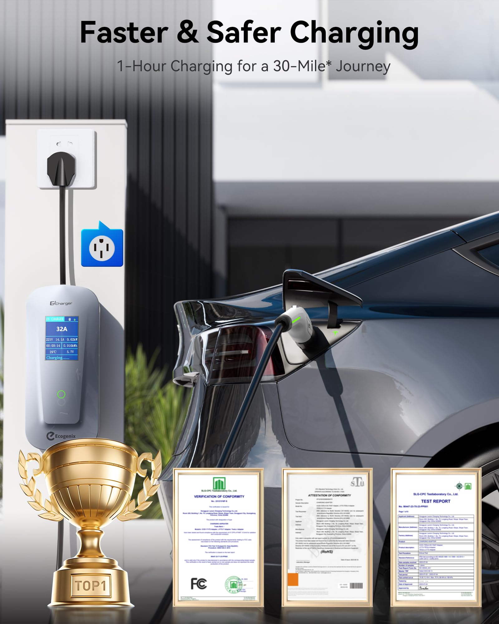 Fast Tesla Level 2 Charger (32Amp, NEMA 14-50P) with 25ft Cable - Adjustable Current, Timed Charging & Big-Screen Friendly | Home & Portable NACS Charger for Tesla Model Y/3/X/S/Cybertruck | Perfect for Home Charging, Road Trips & Daily Commutes
