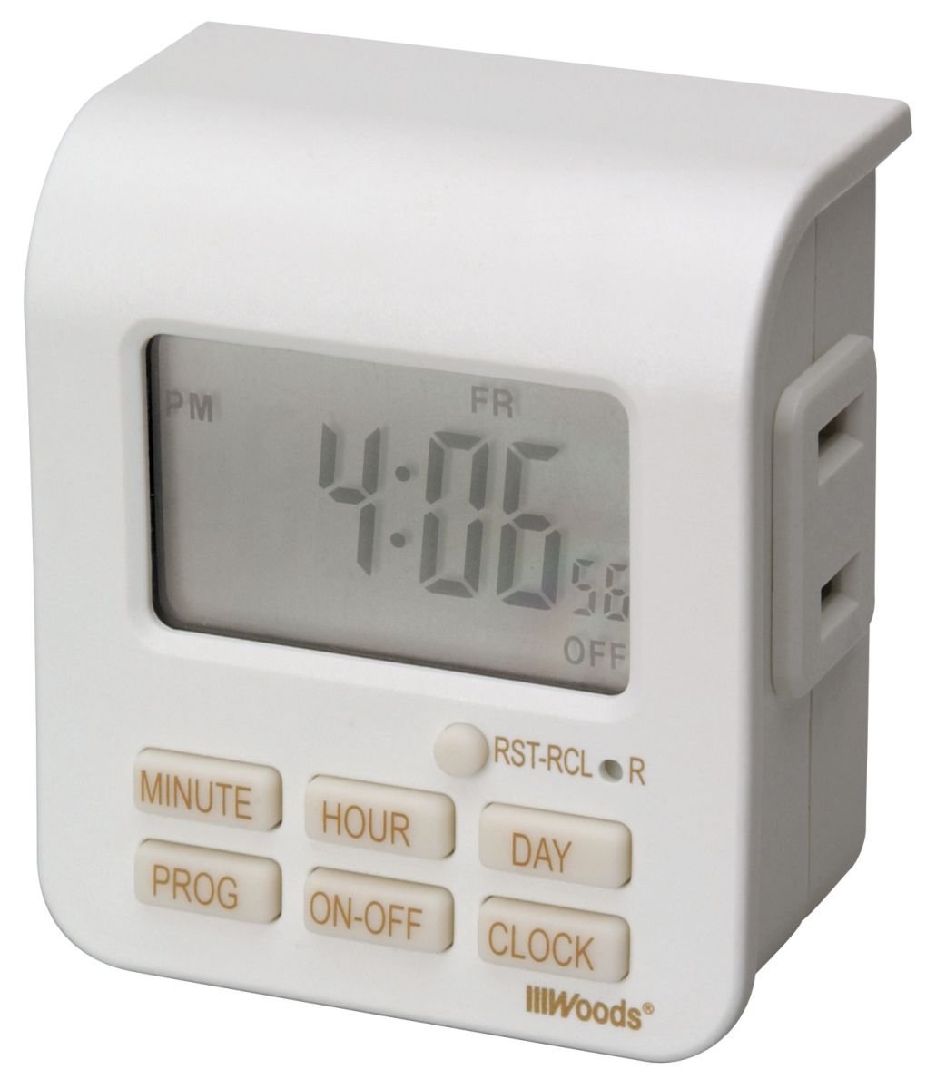 Woods 50008 Indoor 7-Day Digital Plug-in Timer - Programmable Outlet for Lights & Appliances - 1 Polarized Outlet, White (Ideal for Holiday Decorations, Grow Lights & Home Automation)