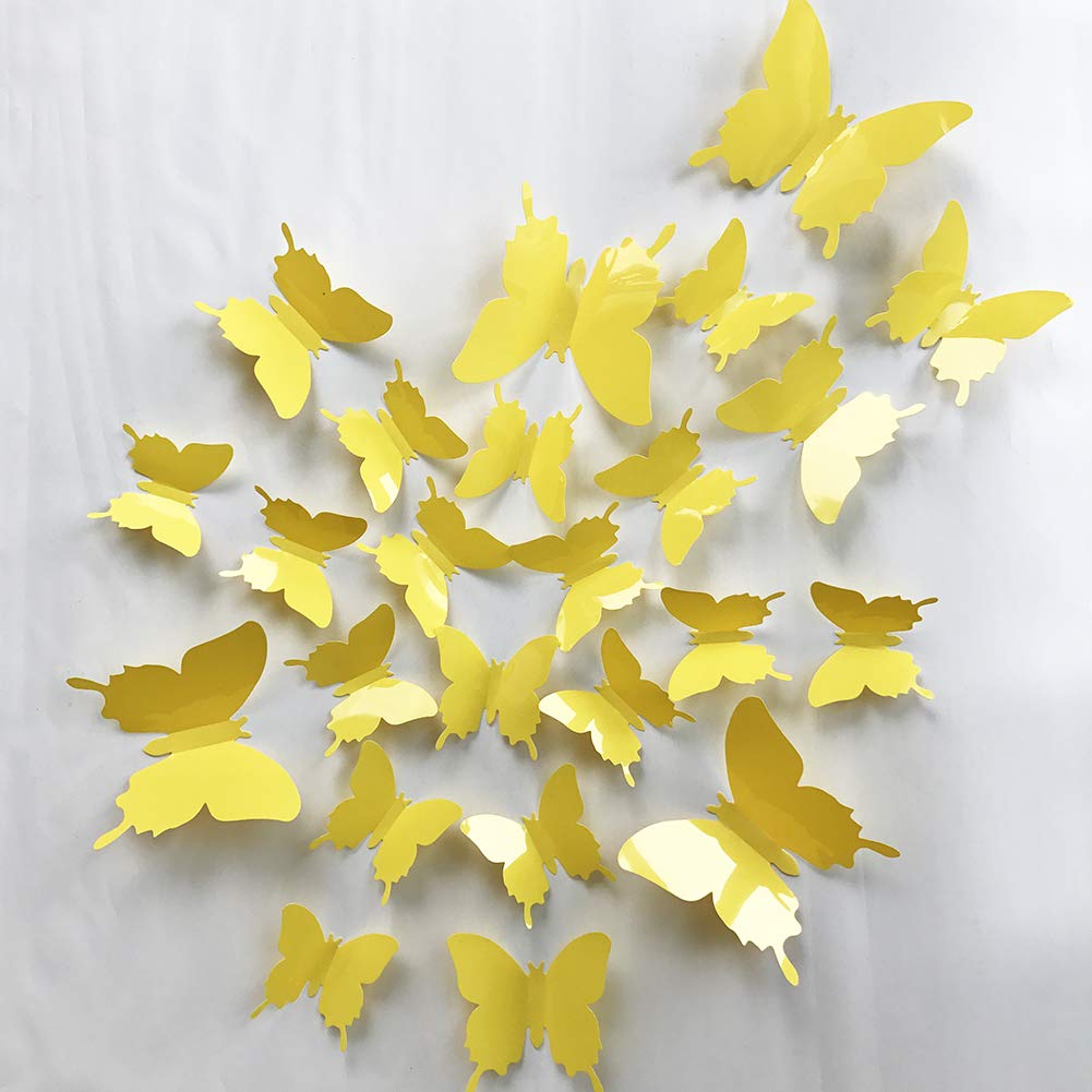 3D Yellow Butterfly Wall Decals - 24-Piece Removable Mural Stickers for Home Decor, Kids Room, Bedroom & Living Room - Perfect for Nursery, Dorm & DIY Wall Art Projects (Yellow)