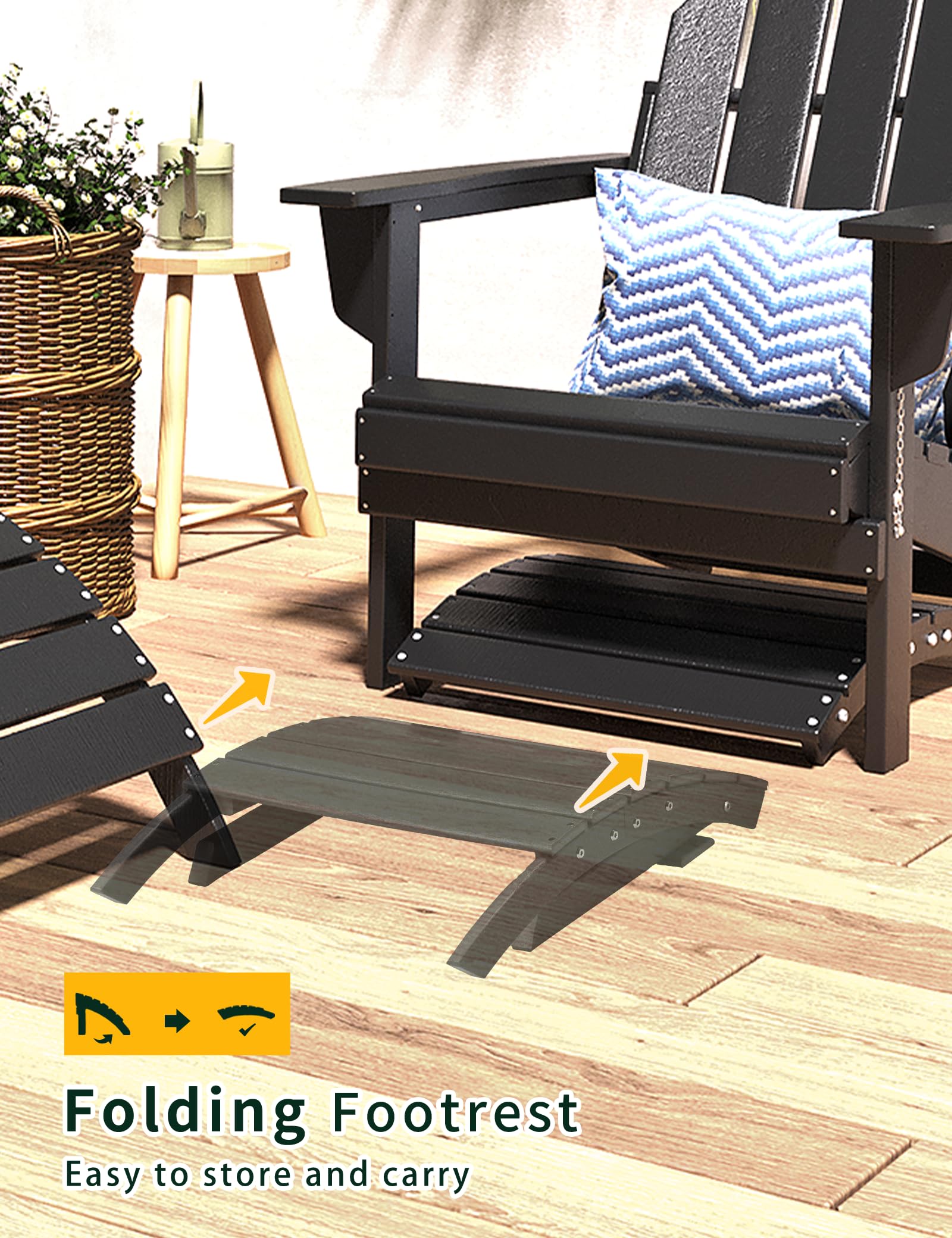 Premium Folding Adirondack Ottoman - All-Weather HDPE Outdoor Footrest for Adirondack Chairs | Patio, Backyard & Garden Decor | Space-Saving Storage Solution (Black) | Perfect for Relaxing by the Pool or Fire Pit