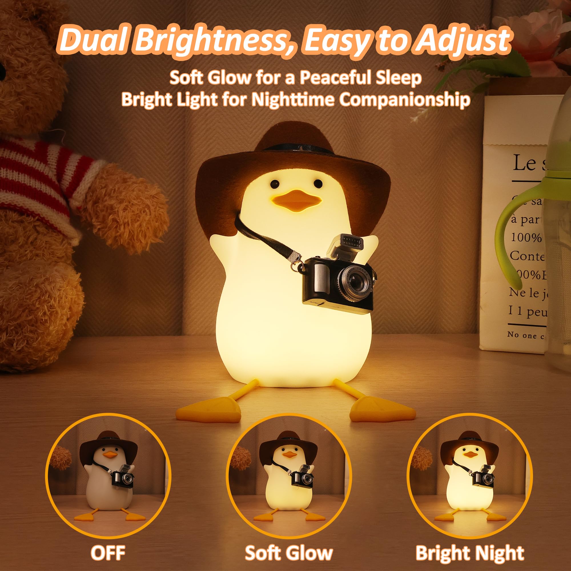 Cute Benson Duck Night Light for Kids - Squishy Touch Silicone Animal Nursery Lamp with Dimmer & USB Rechargeable - Perfect Bedside Light for Boys, Girls, Teens & Women - Ideal Birthday Gift for Duck Lovers (Cowboy Duck Design) - Great for Bedrooms, Nurseries, Dorm Rooms and Relaxation Spaces
