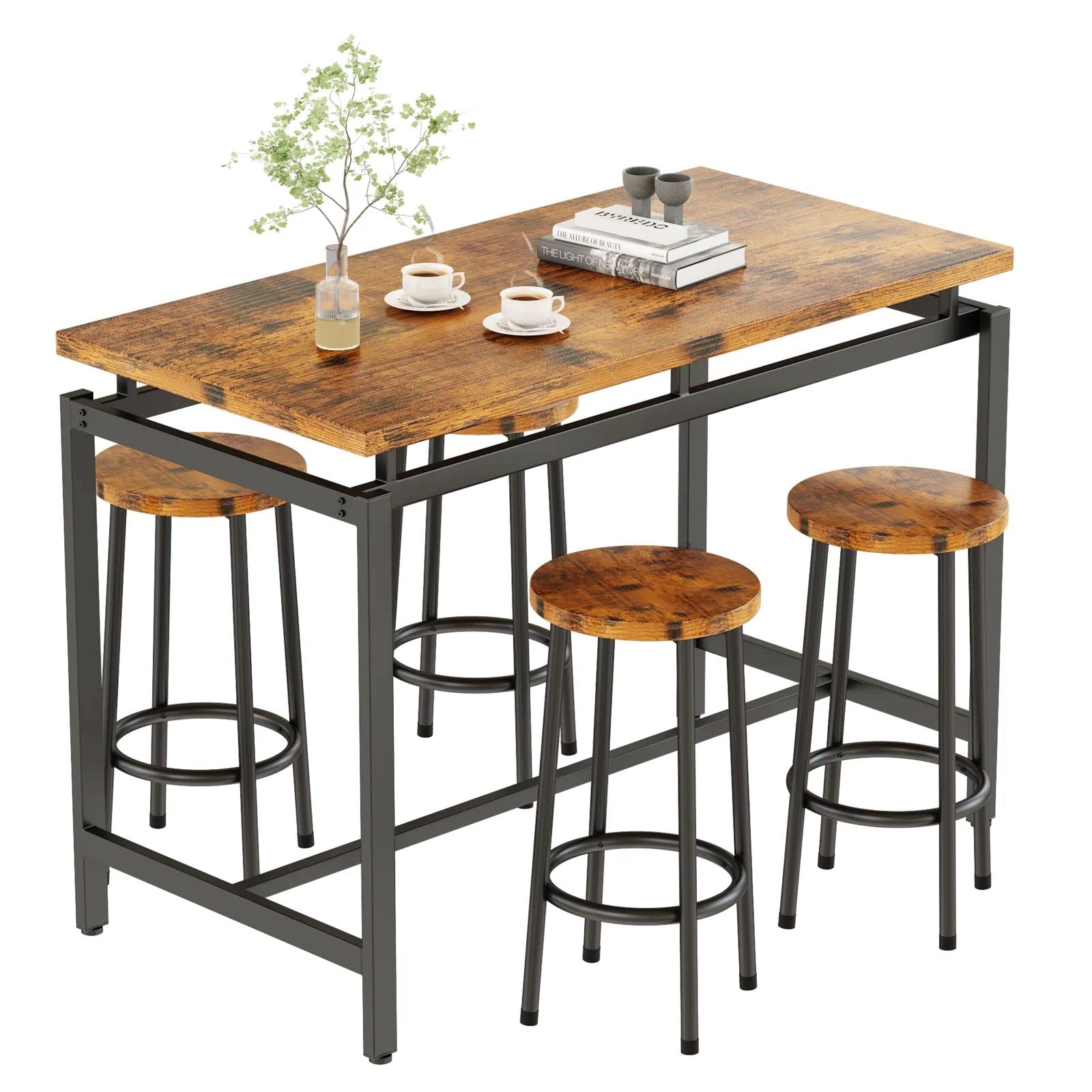 Modern 5-Piece Industrial Bar Height Dining Table Set for 4 - Kitchen & Pub Table with 4 Chairs - Space-Saving Breakfast Nook & Small Apartment Furniture - Perfect for Compact Dining Rooms, Kitchens & Entertainment Areas
