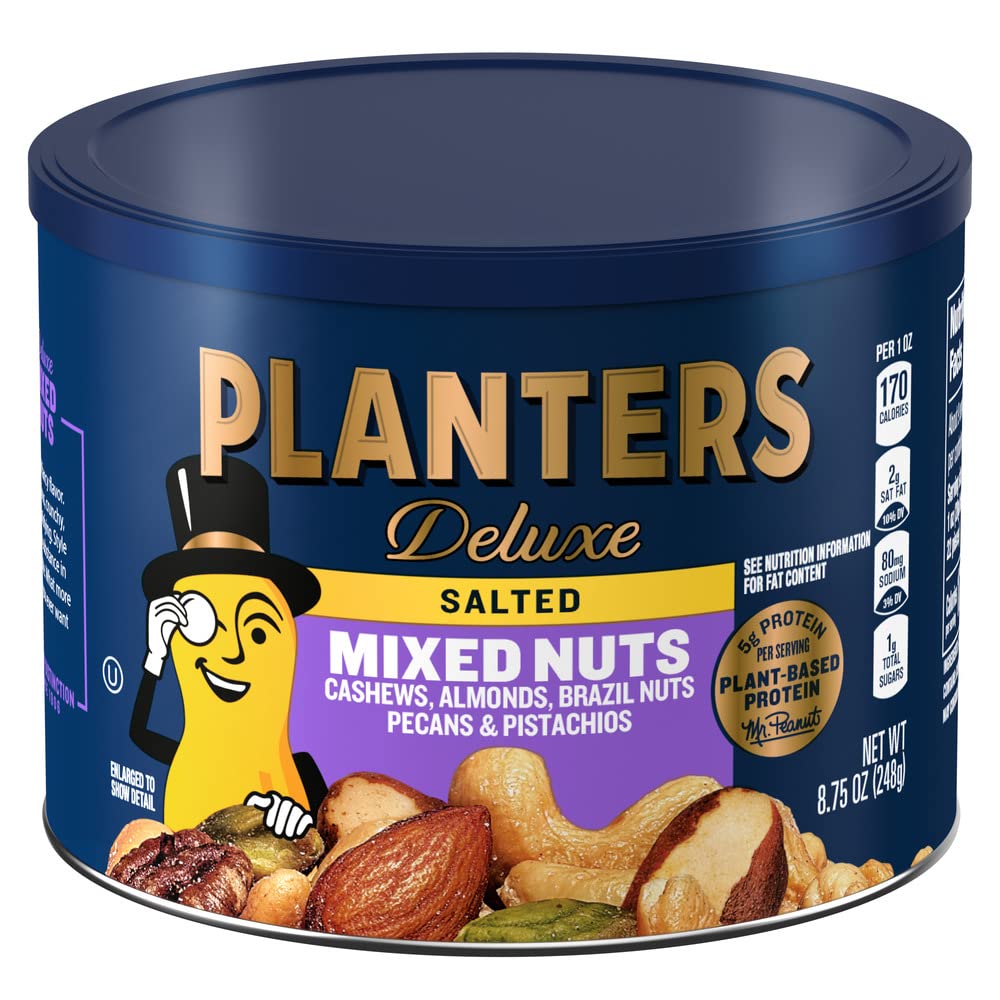 Planters Deluxe Mixed Nuts - 8.75 oz Canister with Cashews, Almonds, Pecans & Pistachios - Perfect for Snacking, Gifting & Office Use