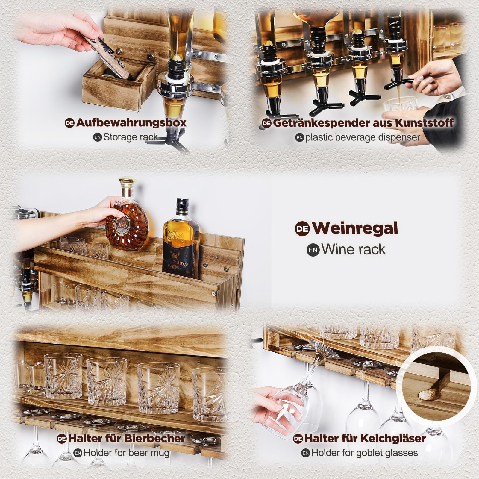 Yorbay Wall-Mounted Bottle Holder with 4 Drink Dispensers - Rustic Wooden Wine Rack with Glass Shelf for Wine Bottles & Glass Storage - Perfect for Kitchen, Bar, and Dining Room Organization