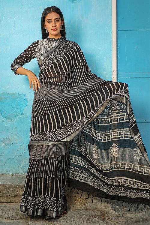 SOLACE CHUNA PATRI Handblock Printed Slub Cotton Saree - Traditional Indian Saree for Women, Party Wear & Festive Occasions