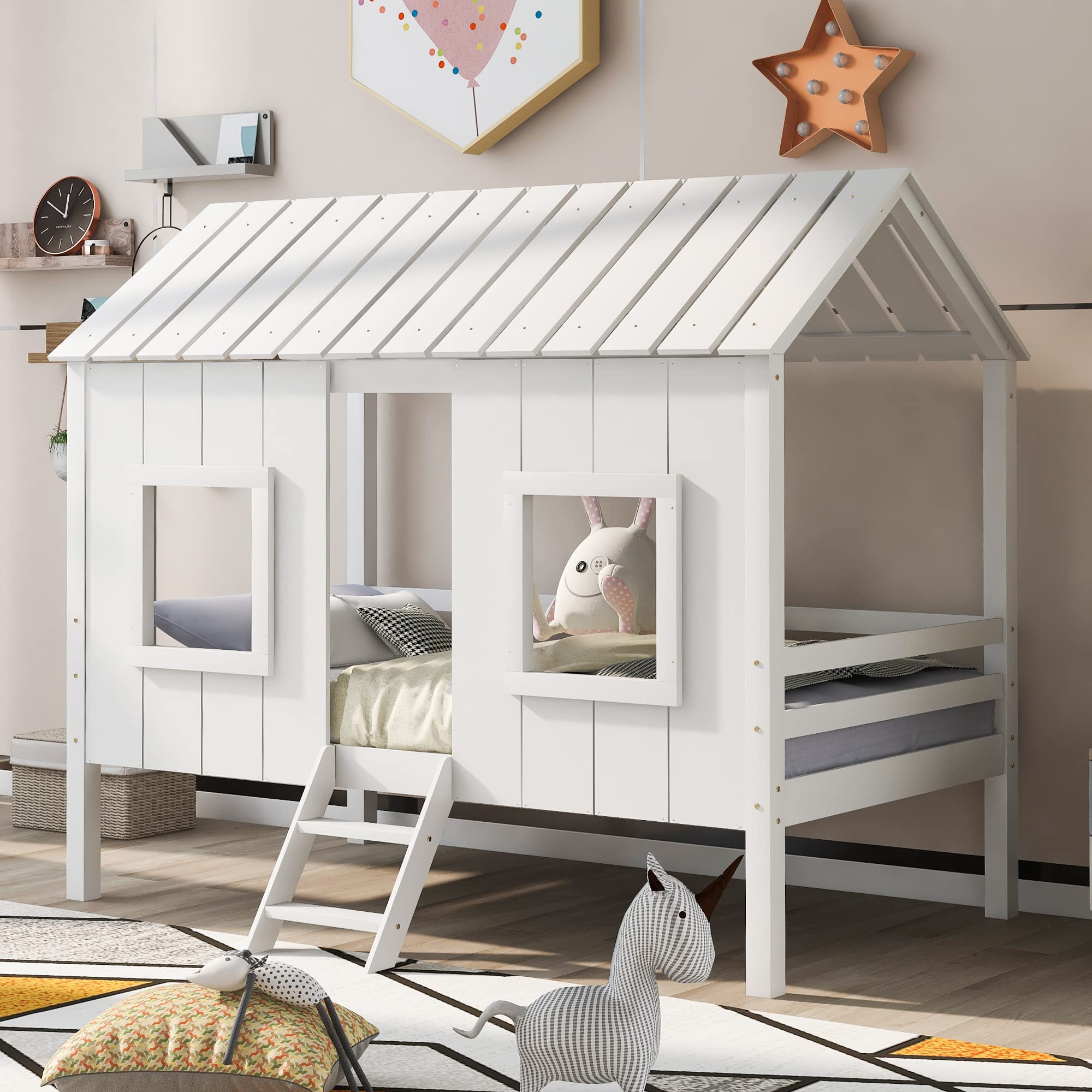 Merax Twin Size Low Loft House Bed Frame with Two Front Windows & Roof - Solid Wood Toddler Bed for Boys & Girls (White) - Perfect for Kids' Bedrooms, Playrooms & Montessori Style Rooms