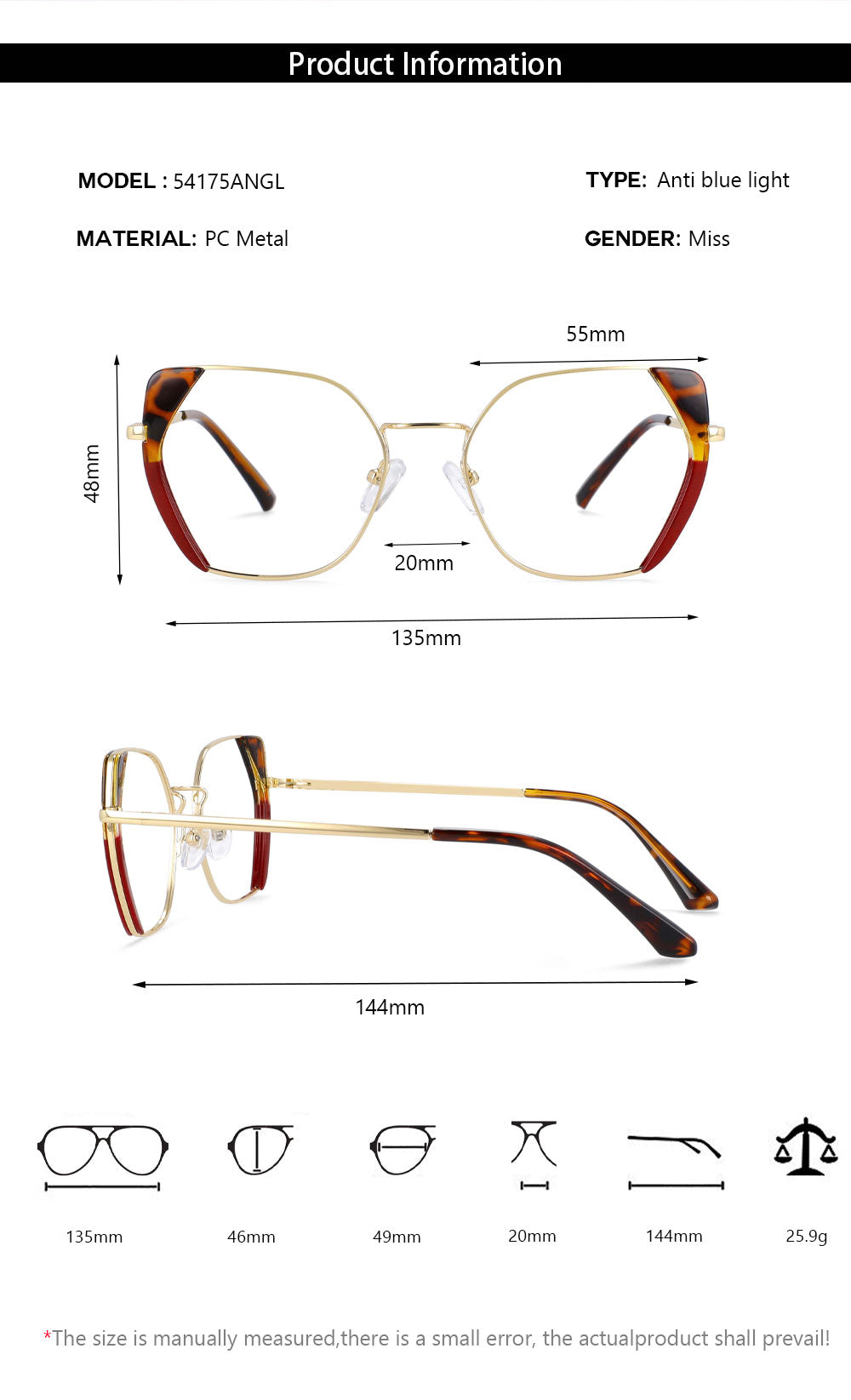 CCspace Women's Full Rim Polygonal Cat Eye Eyeglasses - Lightweight Acetate & Alloy Frame (Style 54175) for Work, Reading & Fashion Accessories