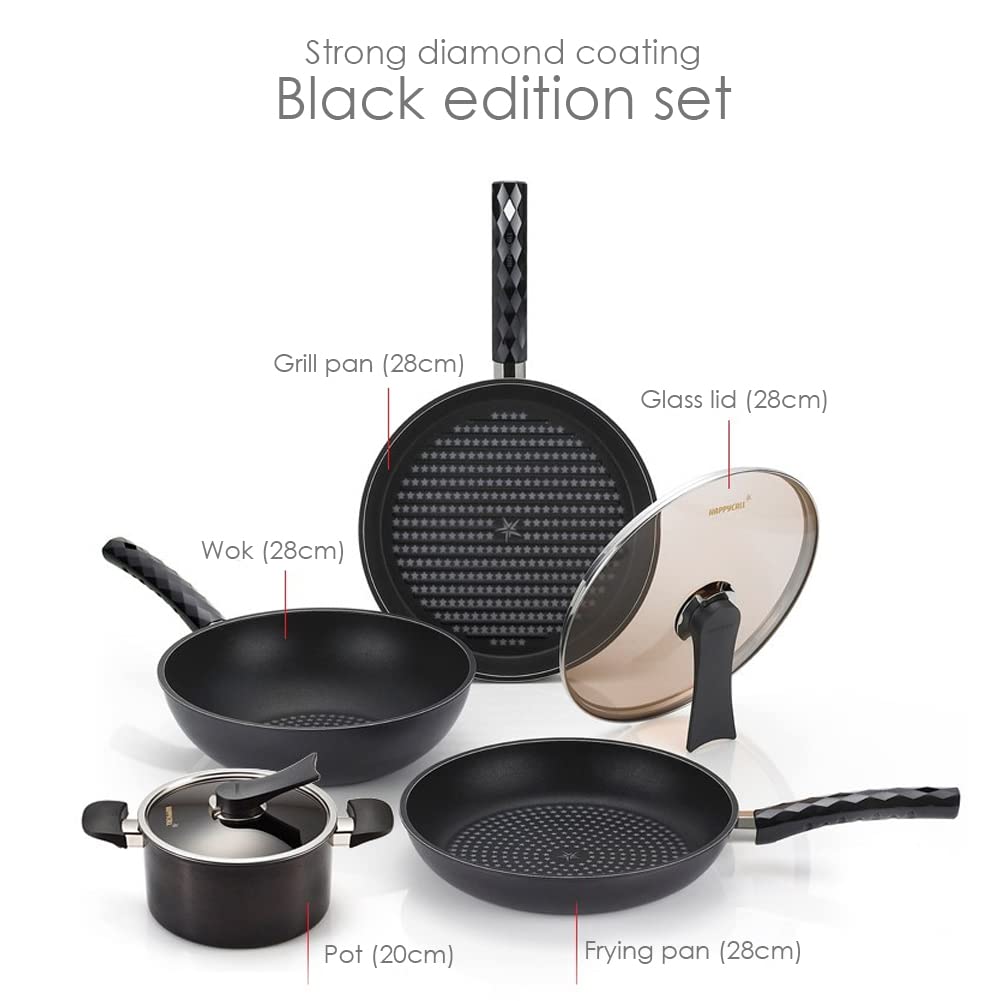 Happycall Diamond-Coated Porcelain Pan and Pot Set - 5-Piece Nonstick Cookware for Induction (28cm Frying Pan, 28cm Royal Pan, 28cm Grill Pan, 20cm Pot with 28cm Lid) - Perfect for Home Cooking, Family Meals & Professional Kitchens